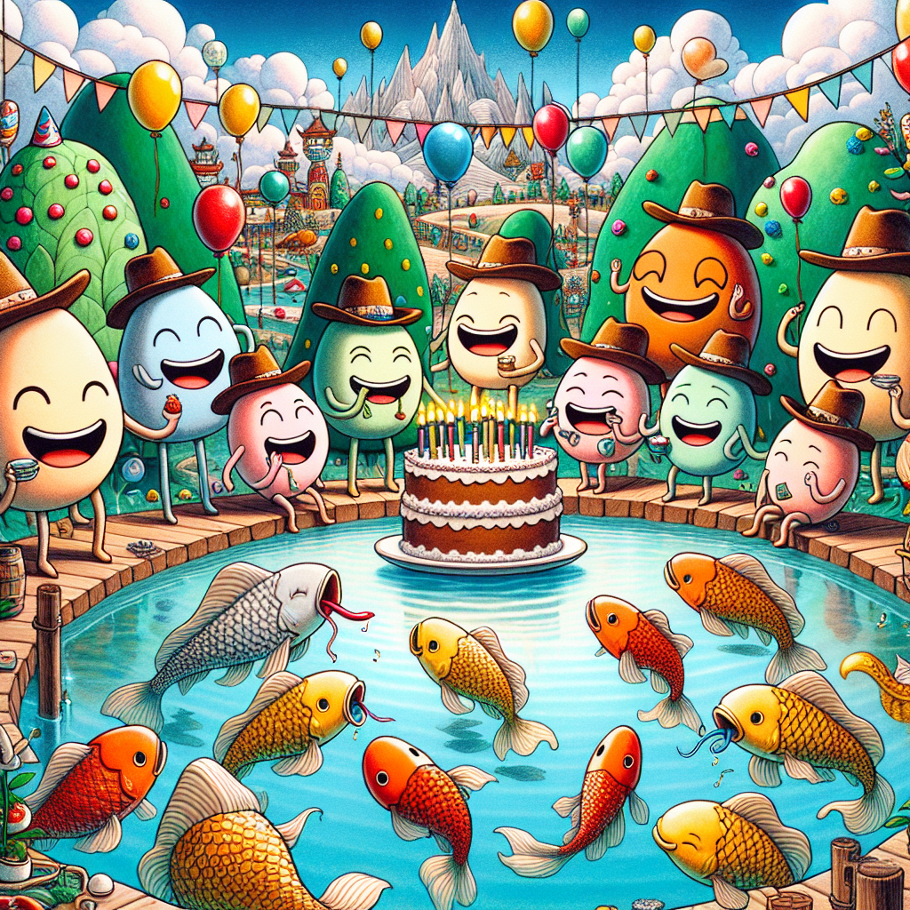 The birthday scene unfolds in a whimsical cartoon world where imaginative animated plants are chuckling and swaying to country music, each adorned with miniature cowboy hats. A group of whimsical shapes representing various personas, each indicative of a different character trait, are clustered around, each holding a piece of cake, by a crystal-clear pond where fish, similar to Japanese Koi, swim gracefully. The fish are illustrated with vibrant and playful patterns, suggestive of birthday streamers. The atmosphere emanates pure joy, flawlessly encapsulating the spirit of a country-themed birthday celebration.
Generated with these themes: Weed, Koi karp, Mr men and little miss, and Country music .
Made with ❤️ by AI.