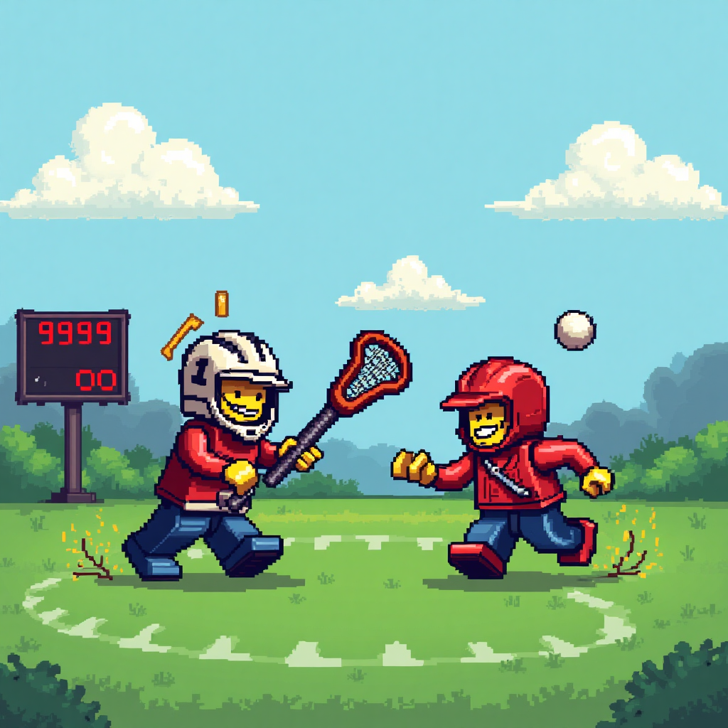 At the top of the Pixel Art Style image, the text reads: "Happy Birthday, Flip!"

### Image Description:

The scene is set on a pixelated lacrosse field, where two lego brick characters, each built from vibrant pixel blocks, are hilariously attempting to play lacrosse. One character, wearing a pixelated helmet with a large number "1" on it, is holding a lacrosse stick that's far too big, causing them to tilt precariously to the side. The other character, with a blocky grin, is trying to catch a pixelated lacrosse ball that is bouncing erratically away from them.

In the background, there's a pixel art scoreboard showing a hilariously exaggerated score of "999" to "000", clearly poking fun at the absurdity of the situation. Bright green pixel grass and a simple blue sky with fluffy white pixel clouds set the nostalgic video-game charm of the scene.

Add a small caption at the bottom: "Lego Block Party on the Field!"
Generated with these themes: Lacrosse, Lego, and .
Made with ❤️ by AI.