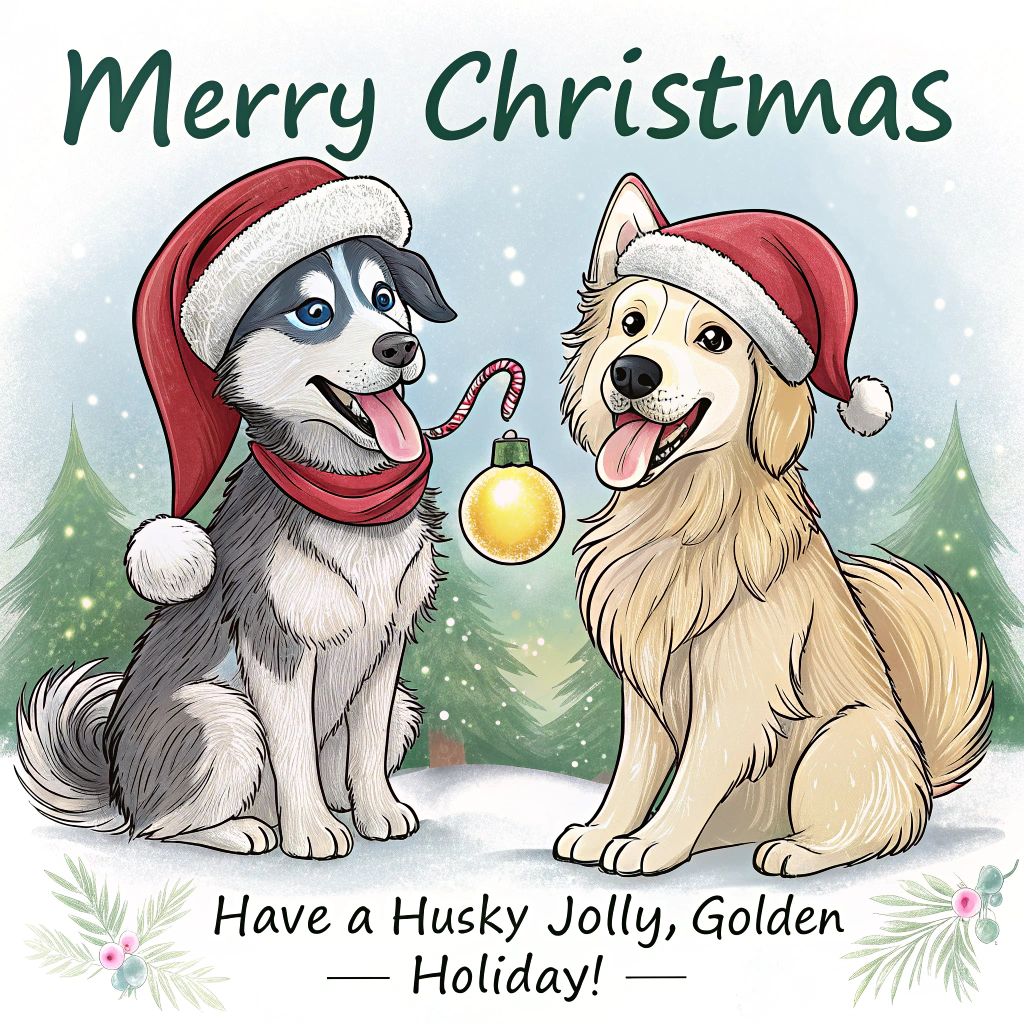 Husky dog, Husky golden retriever mix dog, Santa hats, and Christmas Card