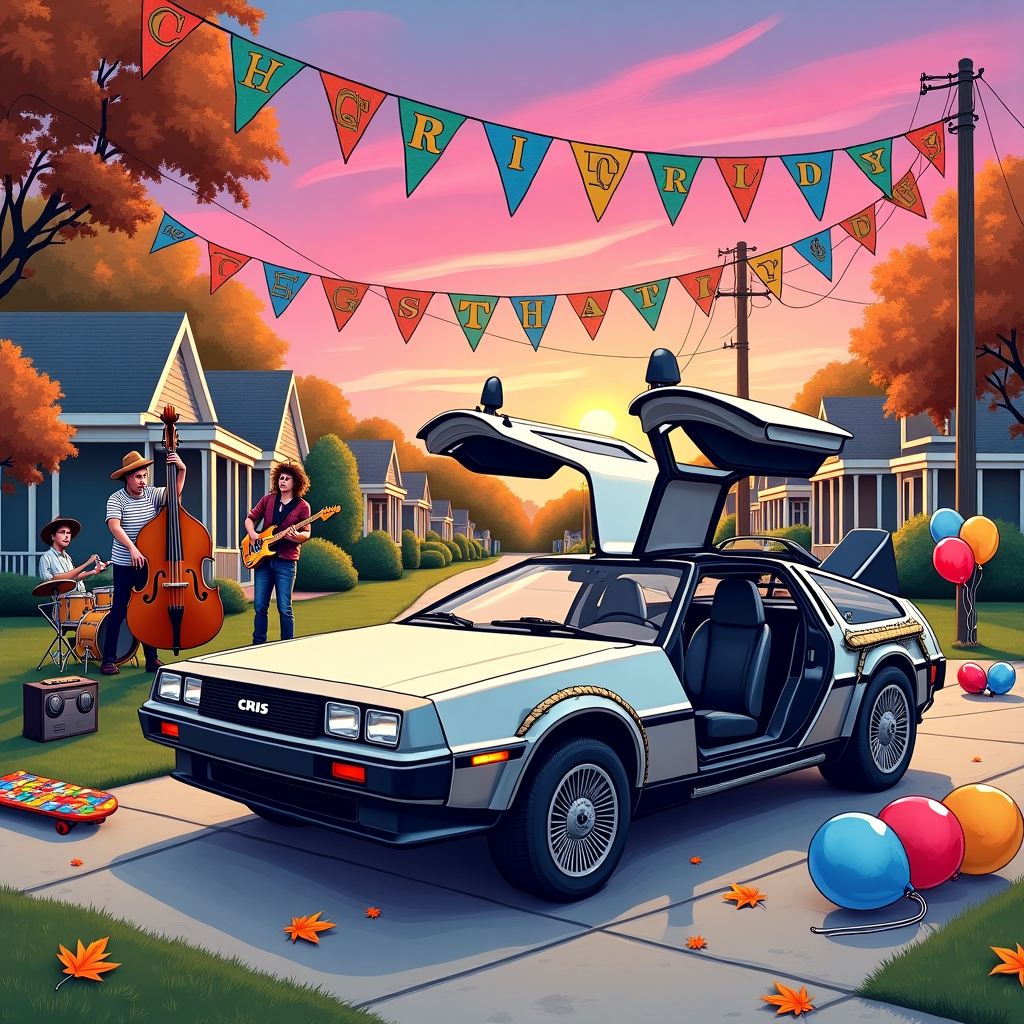 Picture a vibrant, bustling scene that captures the whimsy of a birthday, the nostalgia of the 80s, and the rhythm of jazz. Center stage is a hand-drawn Delorean, sketched with loving detail, doors open and inviting. The car is parked on a street reminiscent of a classic 80s neighborhood. Its sleek, silver body gleams under a sky painted with streaks of electric pink and deep purple, echoing a neon sunset. Above the car, a string of multicolored pennant flags waves in the breeze, with "Chris" cheerfully spelled out in large, bold letters across them.

To the left of the Delorean, a jazz trio is in full swing. The bassist, with a striped shirt and wild hair, is plucking the strings of a large, classic double bass, its wood rich and glossy. Next to him, a saxophonist with a fedora is caught mid-note, the instrument’s brass shining warmly in the reflected light of the sunset. Completing the trio, a drummer is energetically tapping at a small, vintage drum kit, the cymbals vibrating with a lively golden shimmer.

Scattered around the scene are playful touches of the 80s: a Rubik’s cube lying casually near the car’s tire, an old-school boombox set at the feet of the musicians, and a skateboard with bright, geometric patterns leaning against a nearby lamp post. In the background, a row of quaint, suburban houses stretches into the distance, their colors a blend of pastels, reminiscent of an idealized, illustrated version of 80s suburbia.

The foreground is alive with detailed textures—patches of grass, the rough texture of the asphalt, and a few scattered autumn leaves adding a touch of seasonal charm. Balloons of varying sizes and colors bob in the gentle wind, their strings tied to the back of the Delorean, ready to lift off into the jazz-filled sky.

This scene combines intricate line work and expressive, vivid coloring, drawing inspiration from the styles of Quentin Blake’s whimsical energy and Maxfield Parrish’s enchanting use of color, creating a card that invites one to step back into time with a touch of humor and nostalgia.
Generated with these themes: Delorean, 80s, and Jazz.
Made with ❤️ by AI.