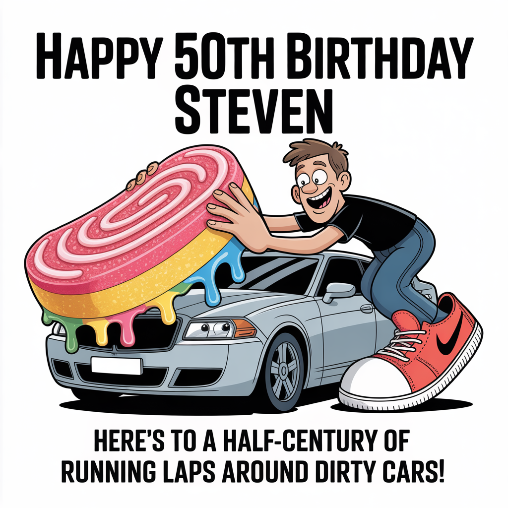 At the top of the image, "Happy 50th Birthday Steven":

At the bottom of the image, "Here's to a half-century of running laps around dirty cars!"

- In the center of the image, illustrate a cartoon scene where Steven, a cartoon husband, is comically wearing oversized Nike sneakers, attempting to polish a car with a giant Jesussour candy instead of a sponge. The car gleams absurdly clean, while the Jesussour candy drips vibrant colors, adding a whimsical touch. Steven grins mischievously, caught in a moment of triumphant silliness.
Generated with these themes: Wife, Nike, clean cars, Jesussour candy, and .
Made with ❤️ by AI.
