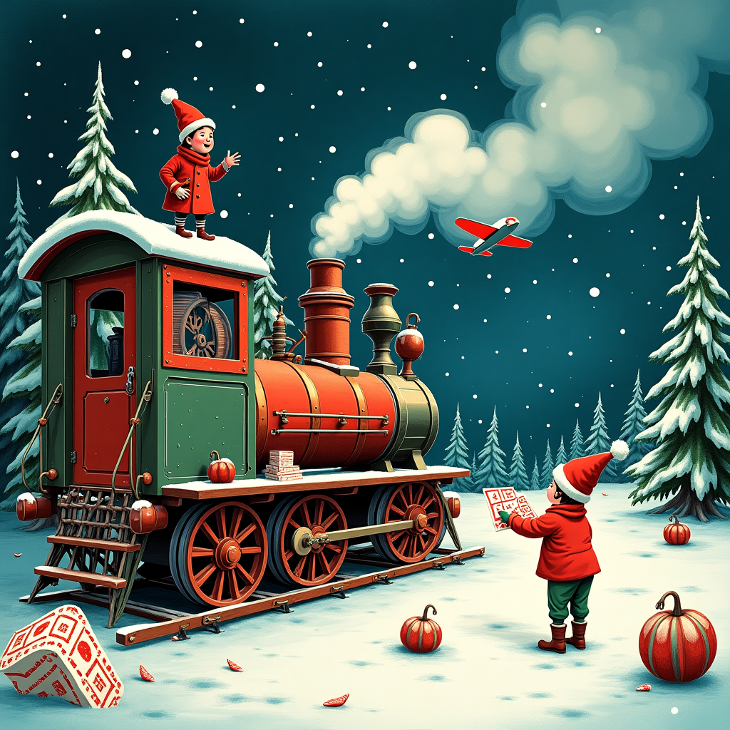 In a whimsical, festive winter wonderland, imagine a bustling elf workshop nestled amidst snow-draped pine trees, where the industrious elves are busy at work preparing for Christmas. The central focus is an oversized, vintage-style printer resembling an old steam locomotive, complete with gears and levers, puffing out clouds of colorful ink instead of smoke. Perched on top of the printer, a cheerful elf with a pointy hat and curly-toed shoes joyfully feeds in reams of paper while another elf, balancing precariously on a ladder, adjusts the oversized ink cartridges. Scattered around are rolls of paper adorned with intricate Christmas designs, reminiscent of Beardsley's intricate line work, awaiting their turn through the printer. In the foreground, a playful scene unfolds: a mischievous elf uses a paper plane to launch a message across the room. The plane flies past an open window, where the snowy landscape outside is dotted with whimsical creatures reminiscent of Sendak's wild things, engaged in their own winter antics. Across the sky, formed by trails of vibrant ink splashes, is the greeting "Feliz e um excelente Ano Novo !! Tipografia Gouveia," artistically woven into the twinkling night sky, twinkling like a constellation of stars. This lively, detailed scene captures the essence of a Christmas card inspired by a harmonious blend of classic illustration styles, creating a unique and enchanting holiday tableau.
Generated with these themes: Printer, Paper, Ink, and .
Made with ❤️ by AI.