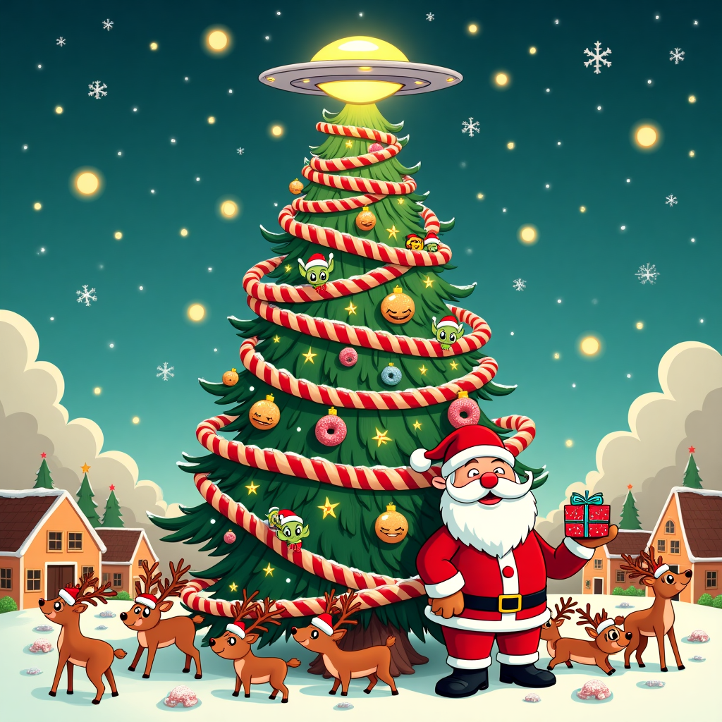 In the center of the card, a hilariously oversized Christmas tree towers with a trunk made of candy canes spiraling upwards. Its branches are thick and lush, decorated with an eclectic mix of oversized ornaments shaped like donuts, tacos, and space aliens wearing Santa hats. The top of the tree is crowned not with a traditional star, but a glowing UFO with tiny, mischievous green aliens peeking out, waving tiny flags that read "Merry Intergalactic Christmas!" Surrounding the tree at its base is a herd of cartoon reindeer, each one uniquely designed: one wears a monocle and holds a cup of steaming cocoa, another sports a skateboard, while yet another dons an 80s-style neon headband, frozen mid-dance. Snowflakes in geometric patterns fall gently around them, some morphing into tiny dancing robots and others turning into playful elves snowboarding down the branches of the tree. Behind this whimsical scene, a skyline of gingerbread houses with licorice windows and gumdrop roofs stretch across the horizon, all under a sky filled with twinkling stars that resemble cookies. In the foreground, a jolly, mustachioed Santa Claus, styled in a retro-futuristic red suit with glowing buttons, leans casually against the tree trunk, winking as he holds a gift wrapped in glowing, holographic paper. This card cover is a feast for the eyes, a playful jumble of Christmas cheer with a splash of quirky interstellar adventure.
Generated with these themes: Christmas tree.
Made with ❤️ by AI.