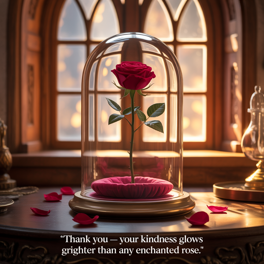 At the top of the image, "Paula"  

At the bottom of the image, add:  
*"Thank you — your kindness glows brighter than any enchanted rose."*  

— Scene: A photorealistic ultra-HD image of the enchanted rose from *Beauty and the Beast*, displayed under its delicate glass dome. The rose glows faintly with soft crimson petals, some gently fallen onto the velvet cushion below. Warm golden light streams through an old arched window, casting intricate shadows across the wooden table. The atmosphere feels timeless and sincere, with rich textures of glass, wood grain, and soft fabric adding depth. A sense of gratitude and quiet magic fills the frame, perfectly capturing the heartfelt mood.  
Generated with these themes: Beaty and the beast enchanted rose, and .
Made with ❤️ by AI.