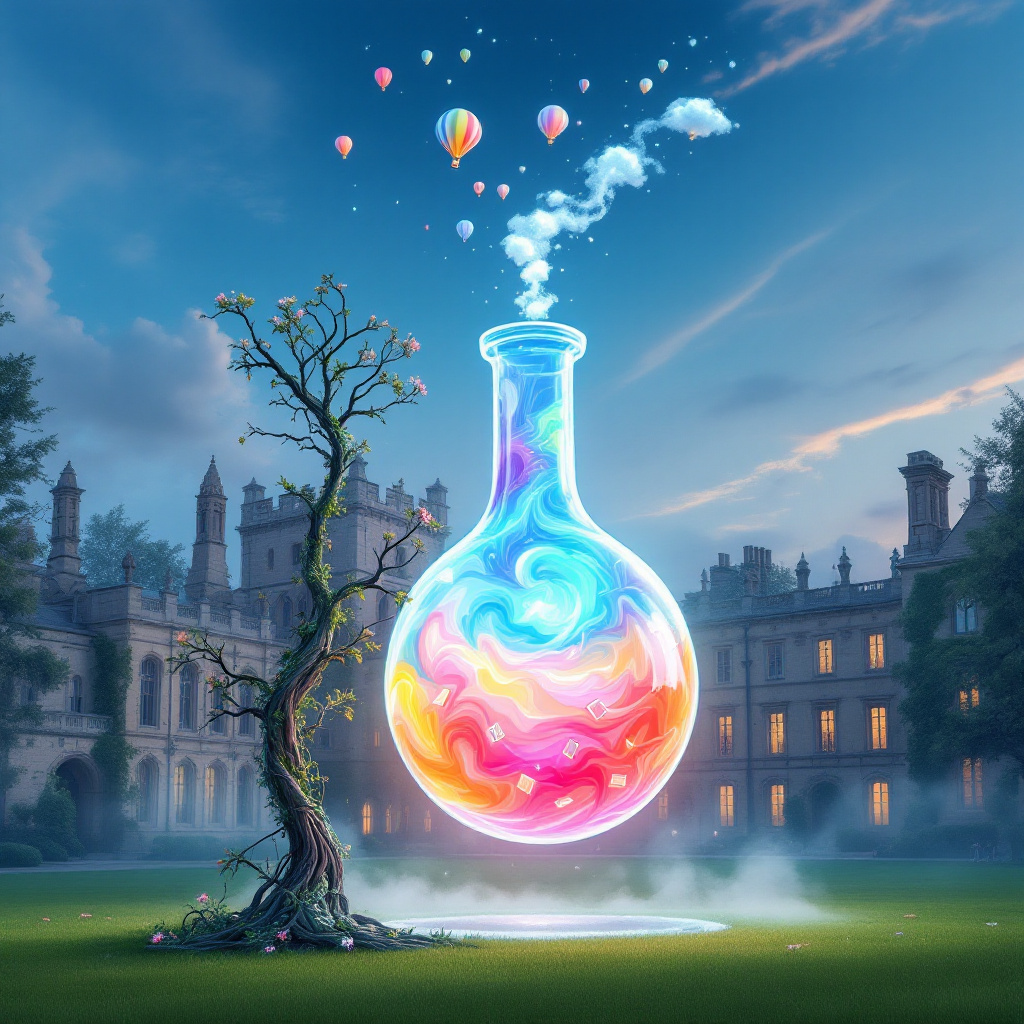 In this whimsical birthday-themed scene, we find ourselves on the picturesque grounds of Oxford University, but with a surreal twist that ties in lacrosse and chemistry in a playful narrative. Picture an ancient stone courtyard surrounded by ivy-clad, gothic-style buildings that bear the architectural grandeur of Oxford. The sky above is a dreamy dusk blue with streaks of sunset orange and violet, creating an enchanting backdrop. In the center, a massive chemistry flask towers like a monument, filled with swirling pastel liquids that bubble and occasionally puff out colorful clouds, shaped like miniature hot air balloons. Beside it, a life-sized lacrosse net stands, intricately woven with vines that sprout small books as flowers, symbolizing Oxford's scholarly pursuit. On the grassy lawn, an animated, oversized lacrosse stick made from intertwined branches and leaves floats mid-air, cradling a luminous globe instead of a ball. This globe is made to look like a planet from a children's storybook, swirling with topographical rainbows. Around it, figures wearing traditional Oxford scholar robes with lacrosse helmets gather. They are peculiar creatures—a mix of owls and foxes—each holding a different piece of chemistry apparatus like beakers and test tubes, eagerly mixing substances that cause a small fireworks display above. On a bench near the scene, an elegantly dressed rabbit wearing tiny spectacles, reminiscent of a professor, flips through a gigantic chemistry textbook whose pages flap as if alive, adding a touch of Beardsley-like illustration with intricate borders. The pathways are dotted with vintage lampposts, each casting light through lacrosse sticks instead of glass, as if illuminating the way to endless knowledge. This vibrant tableau captures the essence of a birthday celebration within an eccentric world where sports, science, and academia seamlessly intertwine in a fantastical Oxford setting.
Generated with these themes: Lacrosse , Chemistry , and Oxford University.
Made with ❤️ by AI.