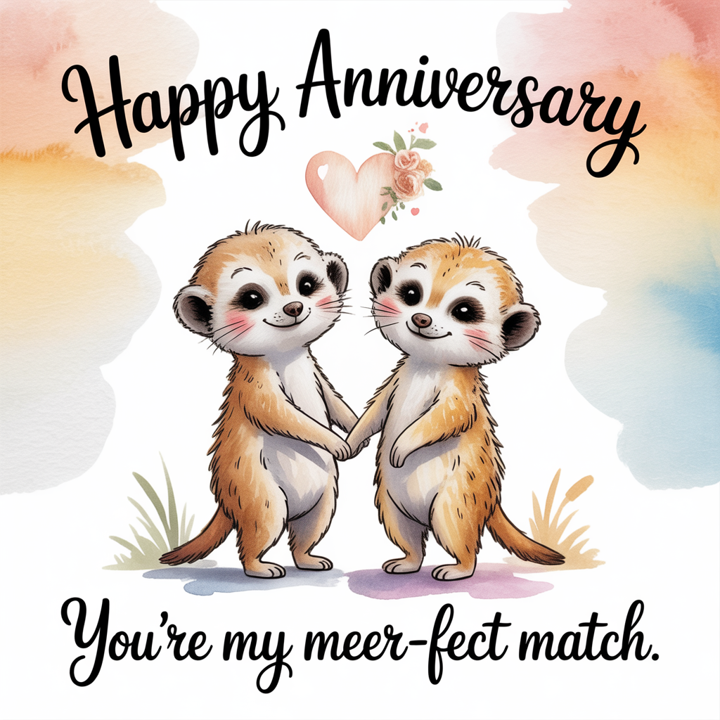 At the top of the Watercolor Style image, "Happy anniversary "

At the bottom of the image, "You're my meer-fect match."

Center scene: Two adorable meerkats standing close and holding hands, slightly tilted toward each other with gentle smiles and rosy cheeks; above them, a single blush-pink love heart painted with soft blooms and a delicate watercolor bleed. Use airy, soft watercolor washes with delicate gradients and visible natural paper texture; warm sandy ochres and caramel for their fur with lighter bellies, tiny whiskers, bright eyes, and subtle fur stripes suggested by feathery brushstrokes. Minimal, dreamy background: a pale peach-to-sky-blue gradient wash with hints of sage grass blades at their feet and a puddled lavender shadow. Keep the composition cute and uncluttered, with ample negative space so the headline and punch-line steal the show. Hand-letter the text in loose watercolor brush script (warm sepia or deep umber), with slight edge feathering and tiny paint splatters for charm.
Generated with these themes: Two meerkats holding hands with a love heart above them, and .
Made with ❤️ by AI.