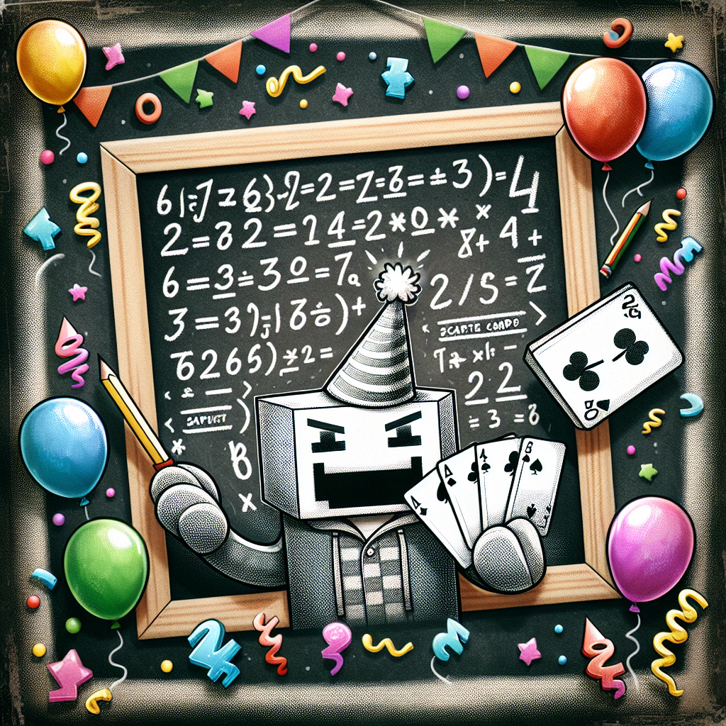 Design an energetic birthday card, displaying a humorous math equation scrawled on a chalkboard. The numbers and symbols in the equation have a comical appearance and are donned with party hats. A cartoon character with block-like features, reminiscent of popular online gaming avatars, is centrally positioned. This character clenches in its hand a spread of poker cards, each card adorned with a distinct cartoon figure. Surrounding the entirety of the candid scene is a border of multicolored balloons and confetti, encapsulating a cheerful, fun-filled ambiance.
Generated with these themes: Maths, Roblox, and Poker.
Made with ❤️ by AI.