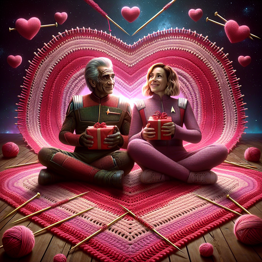 A heartwarming celebration of Valentine's Day featuring sci-fi characters from two popular television series, sitting together on a cozy, oversized blanket knitted intricately in hues of pink and red. These are not specific characters, but represent suspense, adventure, and humor. They are sharing presents and smiles, surrounded by a rim of interlinked hearts and knitting needles. The background subtly hints at the cosmically vast expanse of space, artistically meshing the profundity of the science fiction world with the warmth and comfort of the crafting environment.
Generated with these themes: Doctor who, red dwarf, knitting.
Made with ❤️ by AI.