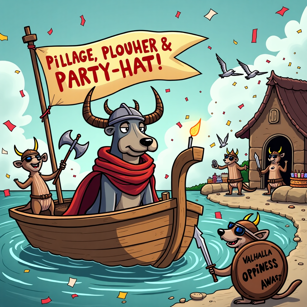 At the top of the cartoon image:  
**"Pillage, Plunder & Party Hats – Happy Birthday, Albert the Berserker!"**

Image Prompt:  
A hilarious cartoon scene featuring a birthday party gone wildly Norse! In the middle, a greyhound dressed as a stoic Viking warrior — complete with horned helmet and battle axe — rides into a chaotic birthday bash aboard a tiny longboat made of cake. Nearby, two mischievous meerkats dressed as Viking ship crew members (one with a butter-churn helmet, the other waving a balloon sword) cheer wildly as confetti rains from above. A banner flaps behind them that reads “Valhalla-ppiness Awaits!” A burning candle is stuck into a dragon-headed birthday shield, and in the background, a Viking hut made of chocolate cookies is being stormed by dancing Norse seagulls wearing party sunglasses. Bright, colorful, cartoonish style with over-the-top facial expressions and comical proportions. Mood is joyful chaos — the most ridiculous Viking birthday ever.
Generated with these themes: VIKING, MEERKAT, and GREYHOUND.
Made with ❤️ by AI.