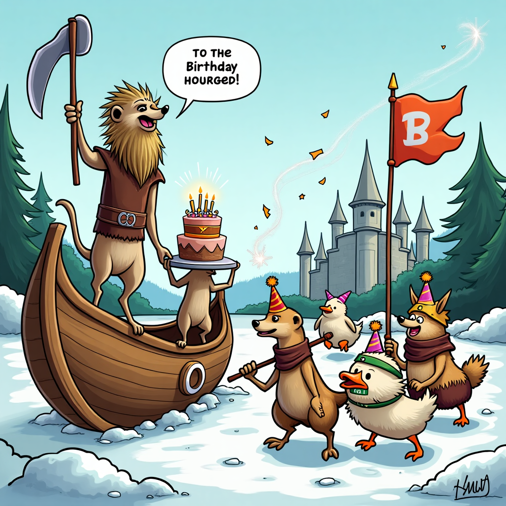 At the top of the cartoon image: **"Albert the Berserker’s Birthday Raid Begins!"**

Image Prompt:  
A funny, cartoon-style Viking-themed scene featuring three quirky animal characters celebrating a birthday in absurd style:

- A meerkat dressed as a fierce Viking war chief, standing on top of a tiny wooden longboat shaped like a shoe, shouting “To the cake hoard!” while holding a spoon like a battle axe.  
- A tall, skinny greyhound with a bushy fake beard, wearing a horned helmet far too big for its head, carrying a giant birthday cake like it’s treasure from a raid. Its tail is wagging excitedly.  
- Another Viking meerkat using a balloon animal as a battle standard, leading a group of party-hatted ducks marching through a field of cupcakes.

The background is a snowy Nordic landscape—but with inflatable castles, party streamers blowing in the icy wind, and birthday banners tangled in tree branches.

Add comical sound effects and birthday chaos details like frosting on weapons and sparklers sticking out of drinking horns.
Generated with these themes: VIKING, MEERKAT, and GREYHOUND.
Made with ❤️ by AI.