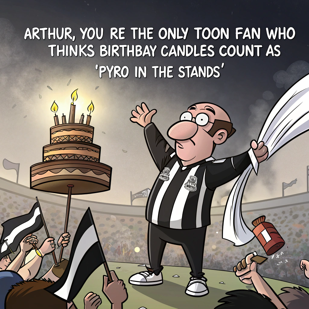 At the top of the image, "Arthur, you’re the only Toon fan who thinks birthday candles count as 'Pyro in the stands'!"  

- In the center of the image, illustrate a cartoon Arthur in full black-and-white Newcastle United kit, dramatically blowing out a towering, smoking birthday cake shaped like St James’ Park.  
- Around him, cartoon fans with black-and-white scarves wave flags and cheer, while one grumpy mascot Magpie looks bewildered holding a fire extinguisher.  
- Add subtle humorous signs like “Howay the Cake!” and “VAR Check: Was that a wish or a foul?”  
- Confetti and balloons in Toon colours (black, white, and a cheeky bit of birthday gold) swirl around to complete the party atmosphere.
Generated with these themes: Newcastle Football.
Made with ❤️ by AI.
