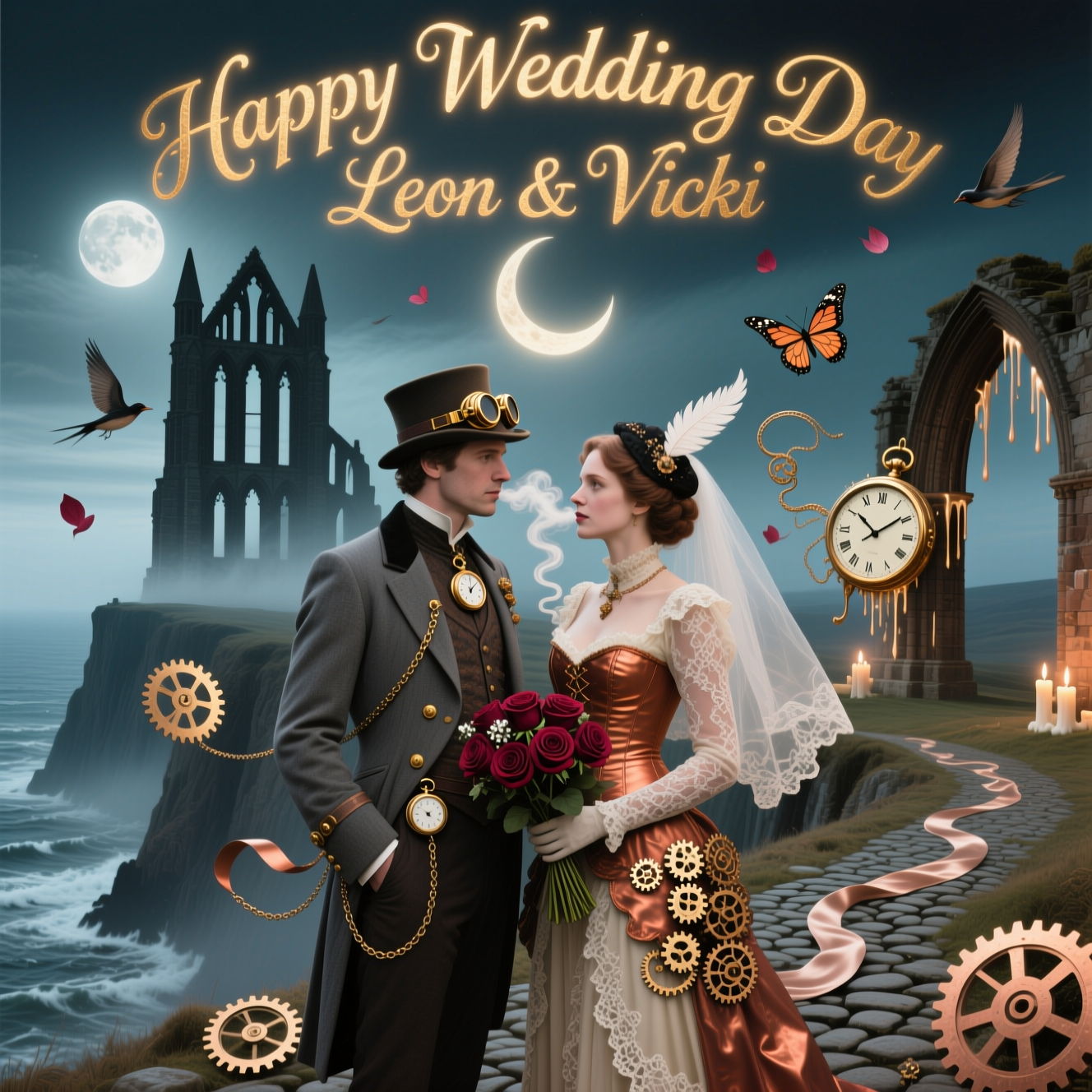 A man and woman dressed in steam punk outfits gazing into each others eyes in front of a silouette of Whitby Abbey, and Wedding Card