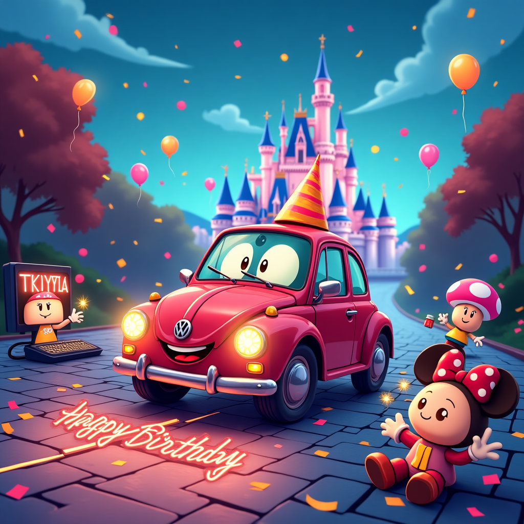 **Prompt for AI Image Generation (Cartoon Style, Cute Mood):**

**At the top of the cartoon image, include the line:**  
**"Happy Gear-shift Day, Vikki — You're Tequila-ing it!"**

**Image Description:**  
Create a whimsical, cartoon-style scene bursting with cuteness and birthday cheer. In the center, depict a smiling, anthropomorphized Volkswagen Lupo GTI — with big sparkly eyes for headlights, a grinning front bumper, and a birthday hat perched jauntily on the roof. The car is driving along a magical road made of glowing computer keyboards, leading straight into a dreamy version of Disney World.

In the background, iconic Disney castles tower above with confetti and birthday balloons floating through the air. Mickey Mouse ears pop up on some cheerful PC gaming peripherals (like a giggling gaming mouse with a balloon string, or a monitor with Minnie’s bow). Tiny fairy-like bottles of tequila with happy faces are playfully floating around, toasting with teeny glasses. A joyful Toad (from Mario) DJ is spinning colorful CDs on a game controller.

Everything sparkles with excitement and celebration — and Vikki’s name appears in glowing birthday sparkler text above the car’s windshield.
Generated with these themes: Volkswagen lupo GTI , Disney world, PC gaming, and Tequila .
Made with ❤️ by AI.