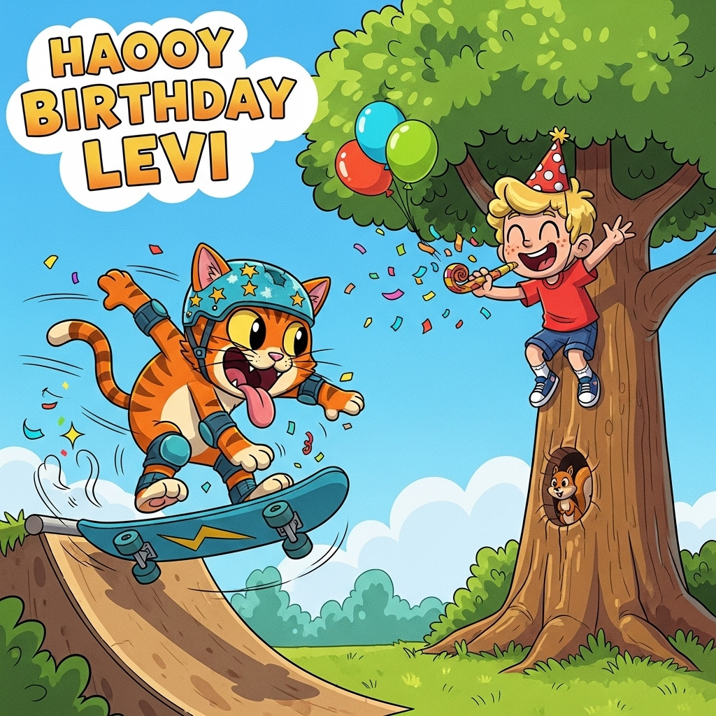 Ginger cat skateboarding blond boy in tree, and Birthday Card