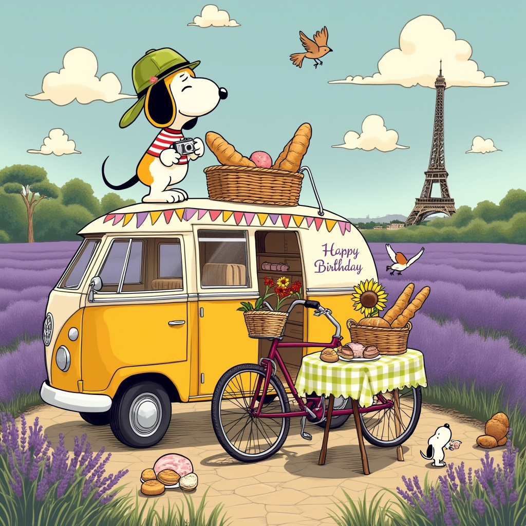 France, Campervan, Bike, Snoopy, and Camera Birthday Card
