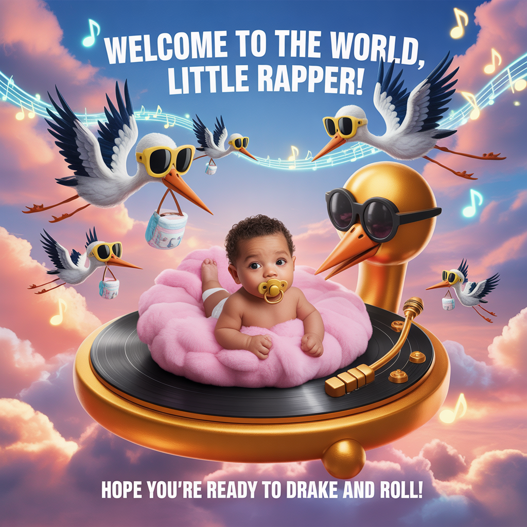 At the top of the image, "Welcome to the World, Little Rapper!":

Add at the bottom of the image, "Hope you're ready to Drake and Roll!"

- In the center of the image, create a surreal scene where a baby with a golden microphone pacifier lounges on a fluffy cloud shaped like a giant turntable. Above, a swarm of playful, cartoon-style storks wearing oversized sunglasses and tiny Diddy-inspired suits fly around, carrying blinged-out diapers. The sky is a vibrant mix of pastel pinks and blues, with musical notes floating whimsically in the air.
Generated with these themes: Drake, Diddy, and .
Made with ❤️ by AI.