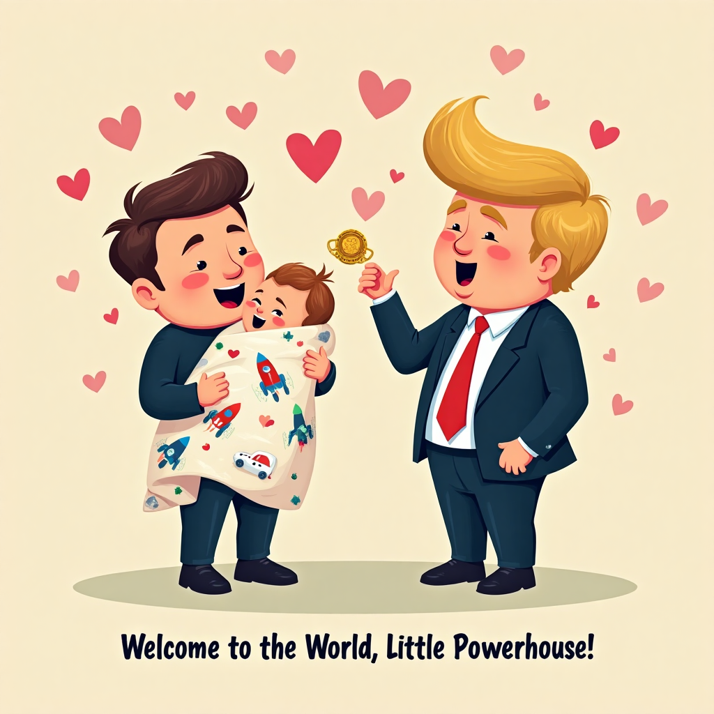 **Prompt for Image:**

Imagine a clean and modern vector illustration capturing a humorous scene on a new-baby greeting card. The setting includes a cartoonish, light-hearted portrayal of Elon Musk and Donald Trump. 

**Visual Elements:**

- Elon Musk is depicted with a playful expression, holding a bundle of joy wrapped in a blanket adorned with tiny rockets and electric cars.
- Donald Trump stands next to him, animatedly presenting a golden pacifier with a tiny presidential seal, his signature hair whimsically exaggerated.
- Both characters are surrounded by floating hearts, adding a sweet, yet comical touch.
- The background is a vibrant pastel color, accentuating the central figures and adding warmth to the image.

**Text Caption:**

In a fun, bold font at the bottom, add the caption: "Welcome to the World, Little Powerhouse!"
Generated with these themes: Elon Musk, Donald Trump, Hearts, and .
Made with ❤️ by AI.