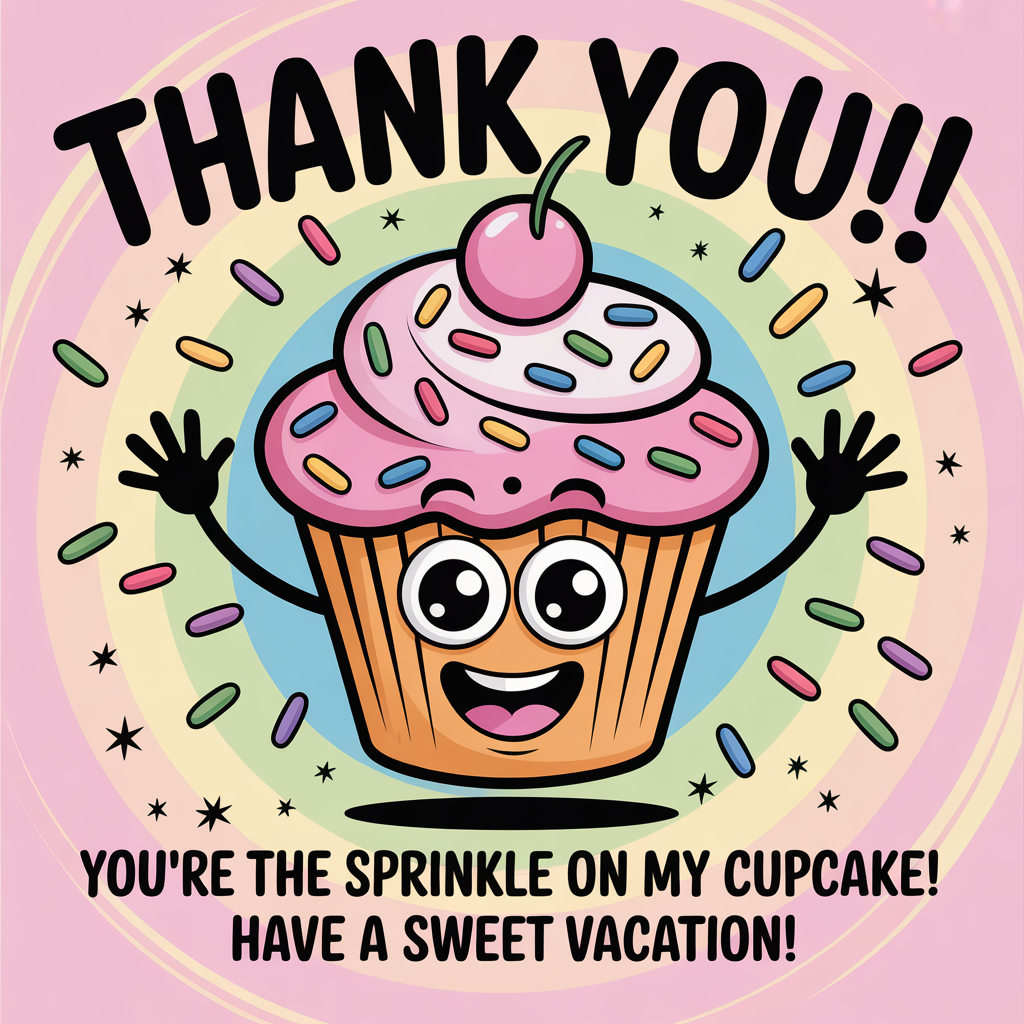 At the top of the image, "Thank You!!":

- At the bottom of the image, "You're the Sprinkle on My Cupcake! Have a Sweet Vacation!"

- Create a vibrant cartoon scene featuring an oversized cupcake with rainbow sprinkles dancing gleefully around it. The cupcake has a cheerful face with big, sparkling eyes and a wide smile. The background is a swirl of pastel colors, enhancing the playful and cute mood.
Generated with these themes: Cup cake, Sprinkles, and .
Made with ❤️ by AI.