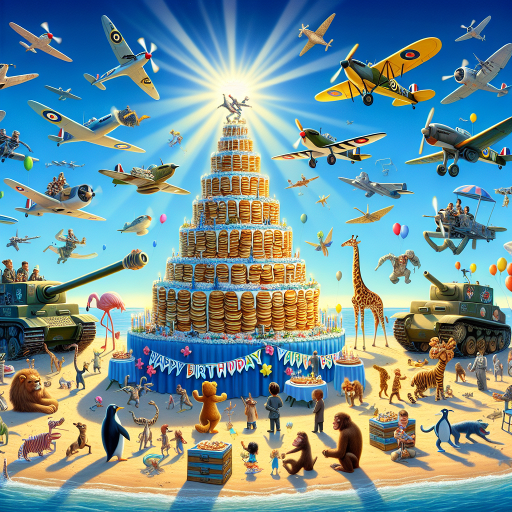 A tranquil azure sky illuminated by rays of sunlight beautifully frames a lively cartoon-style beach birthday party. The centerpiece of the celebration is an extraordinary birthday cake constructed entirely from pile upon pile of fluffy pancakes. Performing circles high above in the firmament are stylized vintage planes reminiscent of Spitfires and contemporary jet models. Ground-based military vehicles that share design elements with King Tiger and Sherman tanks are ingeniously integrated into the party decorations, creating an unusual backdrop. A collection of animals, from jubilant penguins, towering giraffes to elegant flamingos, partake in the festivities, adding to the cheerful atmosphere. The festive spirit is heightened by cartoon dinosaurs hoisting a banner that declares 'HAPPY BIRTHDAY JAMES,' while amusing generic little yellow creatures prance around. The crowd includes multiple imaginary characters named James from various fictional worlds, all participating in the joyful celebration amid the diverse array of partygoing animals.
Generated with these themes: King tiger tanks, Sherman tanks, Spitfires, Fighter jets, Giant birthday cake made of pancakes, Dinosaurs holding up a HAPPY BIRTHDAY JAMES banner, Penguins, Minions, Giraffes, The beach, Animals, Flamingos, Famous James's , Sunshine, and Blue sky.
Made with ❤️ by AI.