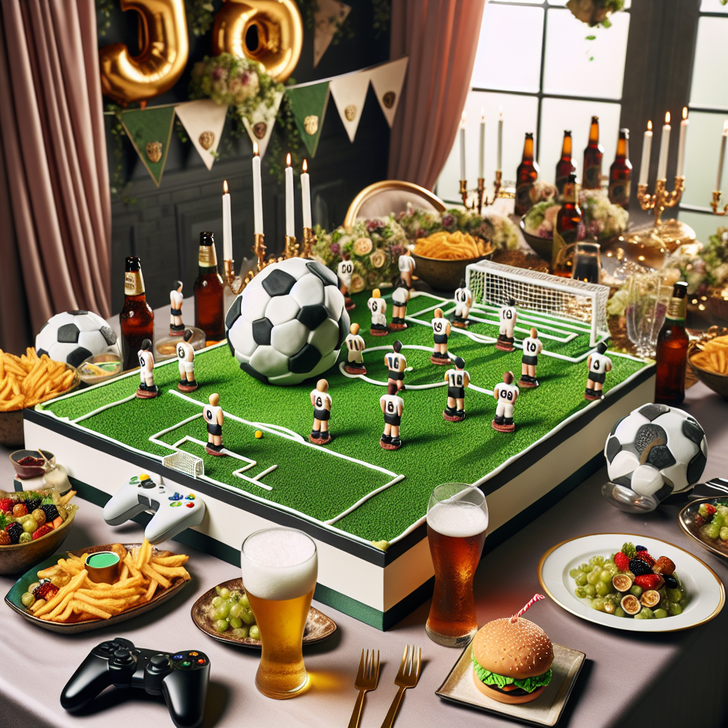 An aesthetically pleasing 18th birthday scene is set against the backdrop of a refined football-oriented theme. The main highlight of the setting is a remarkable, lifelike miniature football pitch, scattered with realistic fondant footballers that can be eaten. Guests are welcomed with a unique gastronomic twist: popular fast-food items presented in an elegant style. Gaming console controllers and football video game covers are tastefully displayed as decoration for the tables, effectively blending in with the sportive atmosphere. The environment is made congenial with an assortment of both hops and grape beverages, catering to a variety of tastes and subtly implying the newly attained adulthood.
Generated with these themes: 18, Soccer, McDonald’s , Playstation, Fifa, Beer, and Wine.
Made with ❤️ by AI.