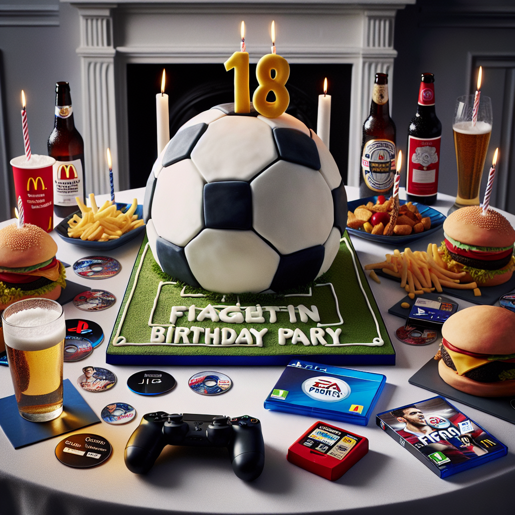 Imagine an 18-year-old soccer fan's fantasy birthday party. Central to the festivities, a highly detailed cake emulating a soccer ball takes center stage. Miniature PlayStation gaming consoles and FIFA game discs are circulated around the cake acting as engaging table markers. Classic McDonald's meals have been elevated and reimagined into gastronomic delicacies for a fun twist. To round off the setting, a tasteful selection of beers and wines are elegantly showcased, reflecting the mature edge of the party in honoring the transition from youth to adulthood.
Generated with these themes: 18, Soccer, McDonald’s , Playstation, Fifa, Beer, and Wine.
Made with ❤️ by AI.