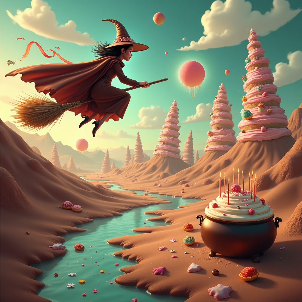 Dreamlike Dali-inspired surreal comedy scene: a friendly witch swoops across a vast “dessert desert” on a gleaming whisk-broom, trailing ribbons of whipped-cream clouds. Cocoa-powder dunes roll into glossy rivers of melted chocolate; towering layer-cake skyscrapers lean and melt like soft architecture, slices sliding at impossible angles, candles drooping like clocks. A cauldron of hot cocoa bubbles into tiny cupcake comets and marshmallow planets; silver spoons and spatulas sag and drip. The witch wears a tall chocolate cupcake hat crowned with melting, lit birthday candles; her cape unfurls like parchment into fondant streamers. Donut halos float overhead; a bitten chocolate moon hangs in a cotton-candy sunrise; sprinkles glitter like stars. Playful truffle critters peek from ganache pools. Ethereal golden-hour glow, long surreal shadows, glossy ganache highlights, sugar-dust mist; rich cocoa browns, caramel golds, cream, pastel pinks and mint with a spark of electric cyan. Wide-angle, low perspective, dynamic composition, highly detailed, whimsical, funny, painterly textures with photoreal chocolate sheen. Include a small, cheeky line of hand-lettered text piped in white icing along the lower chocolate river, clean and legible: “Hex-tra chocolate, please—Happy Birthday!”
Generated with these themes: Witch, cakes, chocolate , and .
Made with ❤️ by AI.