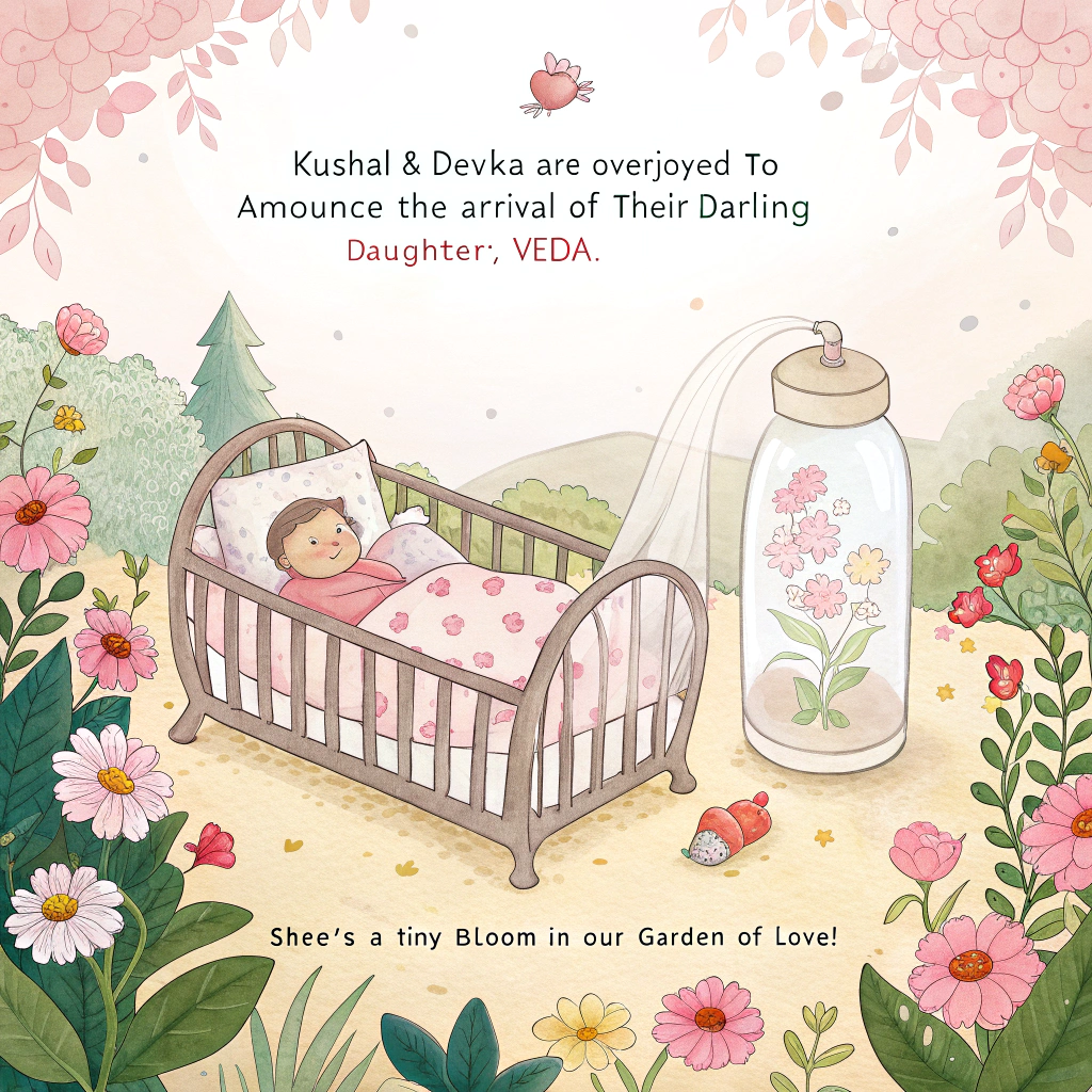 At the top of the image, "Kushal & Devika are overjoyed to announce the arrival of their darling daughter, Veda."

At the bottom of the image, "She's a tiny bloom in our garden of love!"

- Illustrate a charming scene with a baby cot nestled amidst a garden of pink and pastel flowers. A cute milk bottle rests beside the cot, and delicate baby clothes are draped over the cot's edge. Adorable dolls sit around, as if welcoming the newest little flower into the world.
Generated with these themes: Colours, Baby cot, Pink, Flowers, Milk bottle, Baby clothes, Dolls, and .
Made with ❤️ by AI.