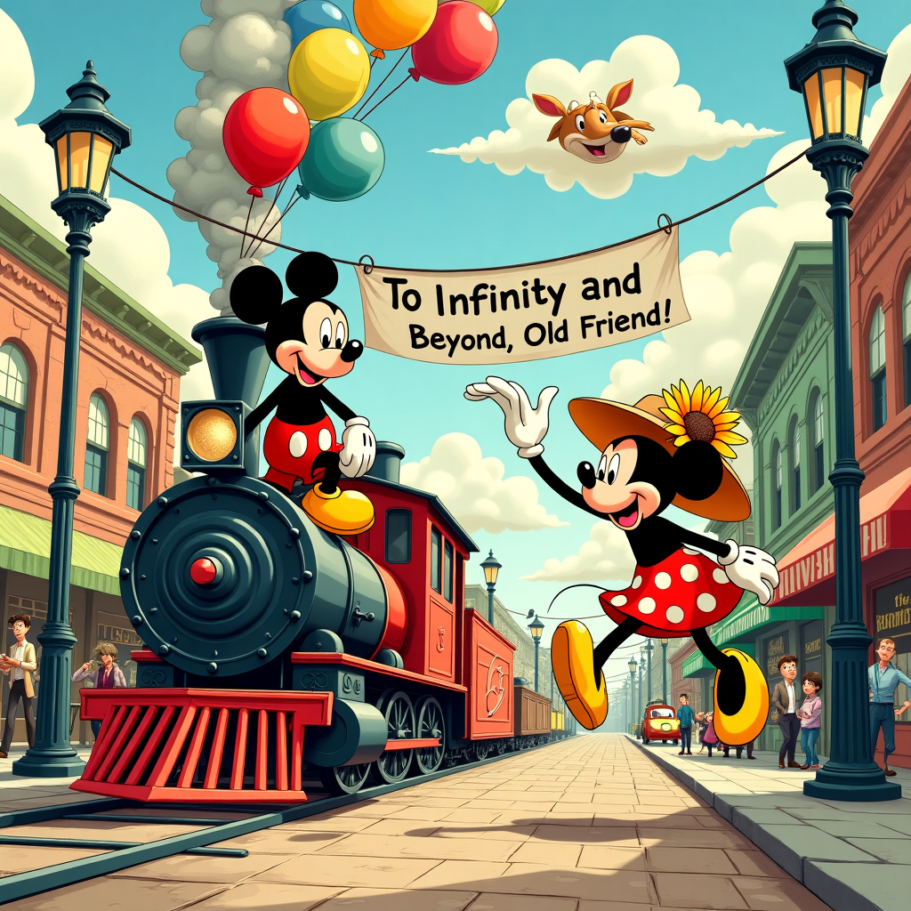 In the bustling and whimsical streets of Toon Town, an enchanting farewell scene unfolds. Mickey Mouse, clad in his classic red shorts and yellow shoes, is perched on a vintage steam train reminiscent of the early 20th-century locomotives that chug through Winsor McCay's dreamscapes. The train is whimsically decorated with colorful balloons and streamers, which sway gently in the breeze, reminiscent of R. Crumb's vibrant and lively cartoon panels. Minnie Mouse, dressed in her signature polka-dot dress and a quaint sun hat adorned with a sunflower, waves a handkerchief with exaggerated, cartoonish movements, reminiscent of a scene from a Bill Watterson comic. Behind them, a backdrop of a bustling Toon Town street unfolds, with characters from all walks of Disney life: a fox in a dapper suit and monocle, a cat reading a newspaper upside down, and a parade of anthropomorphic vehicles honking and zooming about. The street is lined with eclectic shops and vibrant signage, like something out of a Hergé illustration. Above the scene, a banner strung between two ornate lampposts proclaims in Art Spiegelman-style bold lettering: "To Infinity and Beyond, Old Friend!" adding a touch of Astro Boy-esque futurism to the vintage setting. In the sky, a mischievous cloud shaped like Goofy's head casts playful shadows on the ground, a nod to Gary Larson's sense of humor. The entire scene is framed with intricate border details reminiscent of Will Eisner’s graphic novels, tying this whimsical farewell to the storytelling prowess of comics and graphic arts history.
Generated with these themes: Mickey Mouse, Minnie Mouse .
Made with ❤️ by AI.