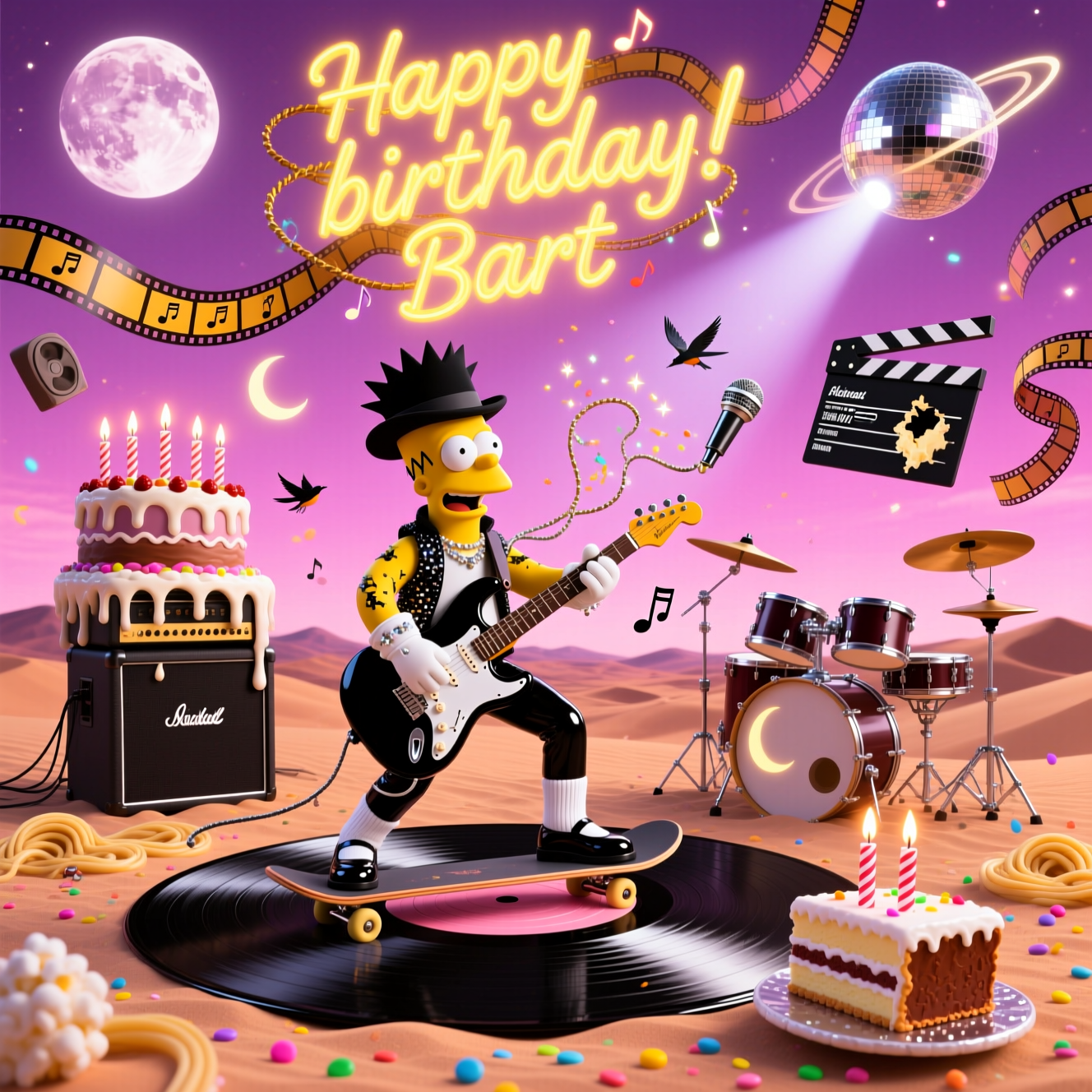 At the top of the Surreal Style image, "Happy birthday Bart" glowing in neon-yellow graffiti woven from looping filmstrip and guitar strings, floating like a playful marquee.

A dreamlike, Dali-inspired desert stage under a pink-violet sky where a disco-ball moon casts ethereal spotlights and long elastic shadows. Center frame: Bart Simpson as a mischievous rock star, spiky hair under a tilted black fedora, one sparkling white glove, white socks and shiny black shoes, performing an impossible MJ-style moonwalk lean across a giant glossy vinyl record that ripples like a black lake. His skateboard has morphed into an electric guitar body; the fretboard melts into piano keys and trailing strings curl into musical notes that flutter away as tiny birds. A towering guitar amp nearby droops like warm wax into a birthday cake, frosting dripping in surreal swirls, candles shaped like microphones humming tiny flame-notes. A drum kit on stilt-like legs (à la Dali) tiptoes through dunes, cymbals doubled as crescent moons. Film magic surrounds: planet-sized film reels orbit overhead, ribboning filmstrips wind through the scene like noodles of light, a giant clapperboard (with a nibble taken out, as if it’s chocolate) flips midair, and a vintage projector on a dune beams glittering stardust across Bart, the beam seeding popcorn clouds that shower colorful sprinkles. Subtle Michael Jackson tributes: a constellation in the sky forms the iconic pose, a sequined-glove nebula glimmers, and a silver sparkle trail follows the moonwalk. Rock energy pops in neon lightning bolts sprouting from floating speakers shaped like frosted cupcakes, with cables snaking into licorice. A slice of birthday cake in tiny loafers attempts its own mini-moonwalk beside the vinyl, leaving frosting skid marks. Ethereal lighting, soft volumetric haze, glossy reflections, vibrant saturated colors; wide-angle, low perspective for dynamic motion, whimsical and funny mood, ultra-detailed, painterly surrealism.
Generated with these themes: Rock music, Michael Jackson, film, bart simpson, and .
Made with ❤️ by AI.