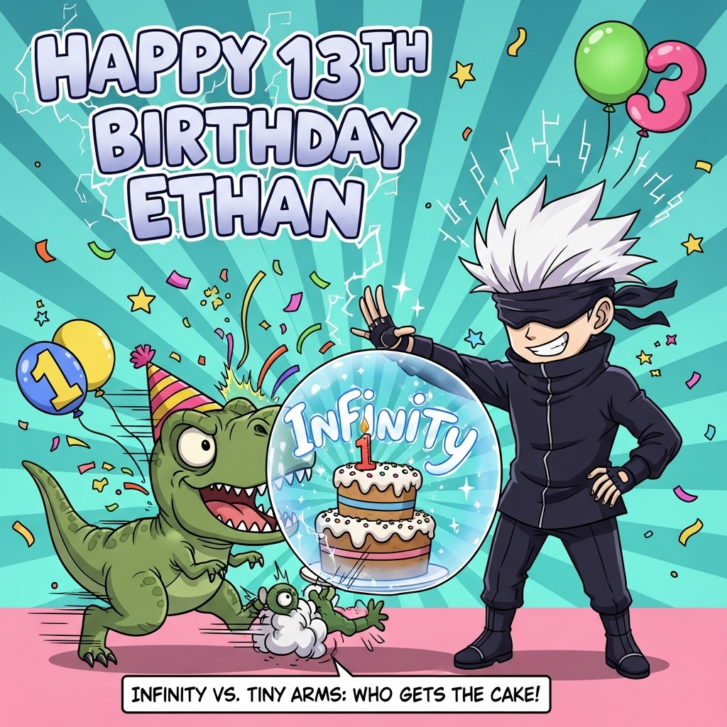 At the top of the Cartoon Style image, “Happy 13th Birthday Ethan” in giant, bubbly balloon letters with thick black outlines and an electric-blue glow.

Playful, high-energy cartoon scene: Satoru Gojo in chibi proportions (spiky white hair, signature black blindfold, sleek dark outfit) grinning as he casually holds up a hand, forming a shimmering blue “Infinity” bubble around a towering birthday cake covered in rainbow sprinkles and flaming 1 and 3 candles. Charging in from the side, a huge cartoon T-Rex (Rexy) in a striped party hat lunges for the cake—his snout squishes against the invisible barrier with a comedic boing ripple; tiny arms outstretched, eyes wide, and a goofy grin. Confetti bursts, streamers, and number-shaped balloons (1 and 3) float around them. Exaggerated proportions, thick black outlines, bold cel-shading, and bright saturated colors. Whimsical, dynamic poses, motion lines around Rexy, sparkly energy swirls around Gojo. Background: a vibrant radial burst of turquoise-to-pink with star doodles and floating confetti, full-bleed vertical composition.

At the bottom as a small, cheeky caption in a chunky comic bubble: “Infinity vs. Tiny Arms: who gets the cake?”
Generated with these themes: Satoru Gojo, Rexy, and .
Made with ❤️ by AI.