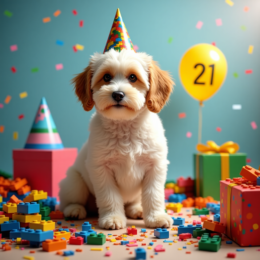 White and brown cockpoo dog with presents and Lego. 21st birthday theme Birthday Card