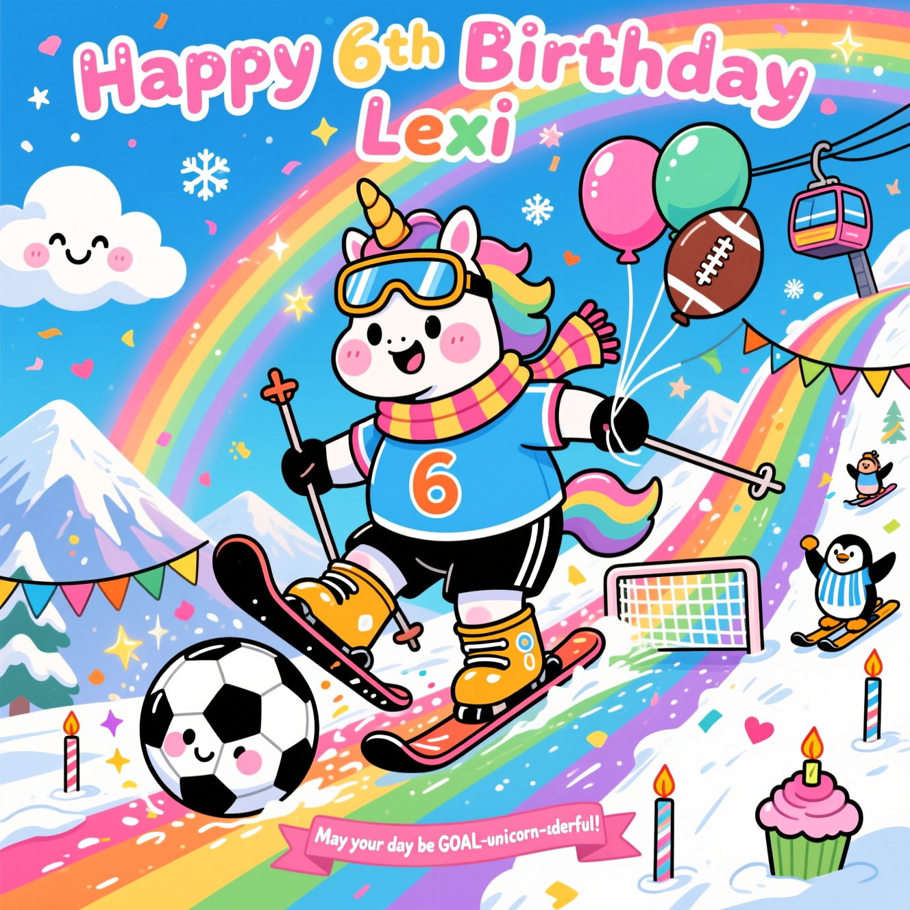 At the top of the Cartoon Style image, Happy 6th Birthday Lexi

A big, cute, high-energy cartoon scene in bright saturated colors with thick outlines: Center a chubby, sparkly-eyed unicorn with a pastel rainbow mane and rosy cheeks, wearing a sporty soccer jersey with a bold “6” and a cozy striped scarf. The unicorn, in shiny ski boots and goggles perched on its horn, is mid-jump while skiing down a glowing rainbow that arcs across the sky like a ski slope. One hoof kicks a giant, adorable soccer ball that trails rainbow stardust toward a tiny, festive goal net at the bottom; the other hoof holds strings to bouncy party balloons, including one shaped like an American football to nod to football. Add whooshing motion lines and confetti snowflakes for extra pep.

Background: candy-colored snowy mountains, a distant ski lift, and puffy, smiling clouds. Place bunting and streamers around the goal, with little star and heart sparkles. Add a few playful side characters—like a penguin in a tiny referee shirt cheering on skis. Scatter mini details like cupcake-shaped slalom poles and candle markers along the rainbow slope.

Style notes: exaggerated proportions, thick black outlines, clean cel shading, glossy highlights, and a punchy, joyful palette. Keep the composition dynamic and vertical, with the unicorn large and central.

Render the headline in bubbly rainbow-gradient letters with a thick white outline and subtle glitter, floating at the top with tiny stars.

Optional small caption at the bottom on a ribbon: “May your day be GOAL-d and unicorn-derful!”
Generated with these themes: Unicorn, Rainbows, Football, Soccer, Skiing, and .
Made with ❤️ by AI.