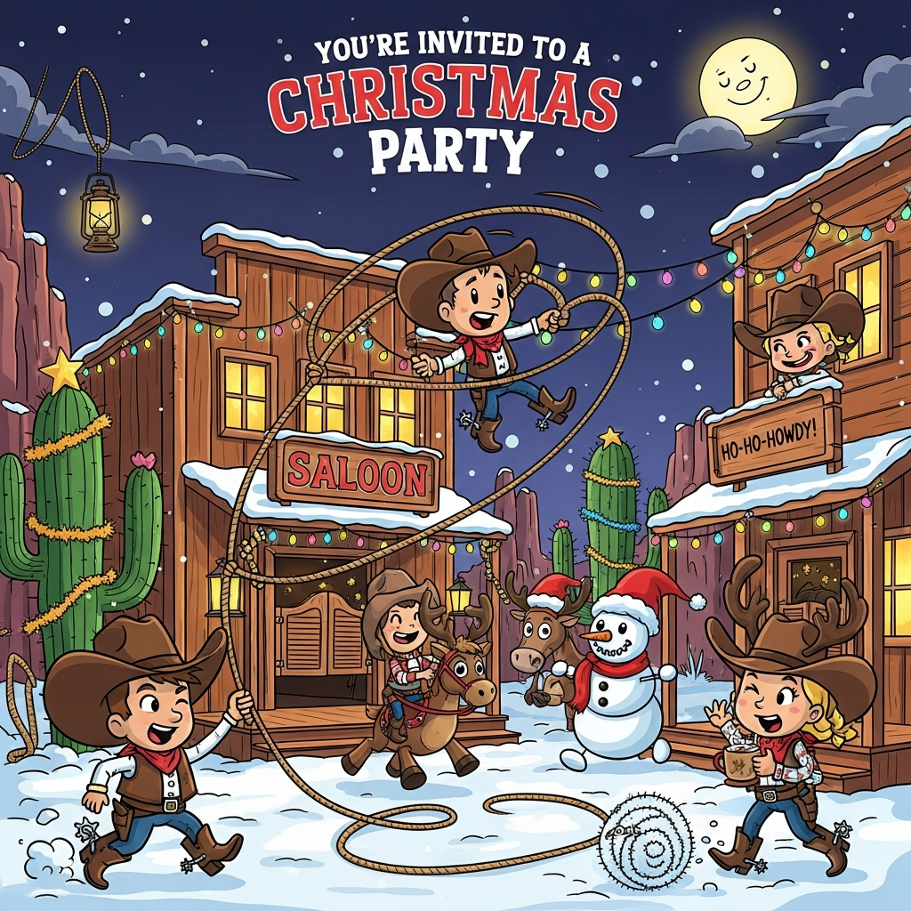At the top of the Cartoon Style image, You’re invited to a Christmas party

Funny Christmas cowboy scene in a snowy desert main street at night: a wooden saloon decked with twinkling lights and candy-cane bunting, cacti wrapped like Christmas trees, and a tinsel tumbleweed rolling by. Exaggerated, playful cartoon cowboys and cowgirls with huge hats, tiny bodies, big boots and jingly spurs in energetic, goofy poses—one lassos a giant candy cane, the rope swirling up to frame the top text; another rides a reindeer hobby horse bursting through the swinging doors; a snowman sheriff with a gold snowflake badge tips a Santa hat. A friendly longhorn in reindeer antlers sips cocoa, while a lasso-shaped garland drapes between buildings. Thick black outlines, bright saturated colors (cactus green, candy-apple red, sky-turquoise, warm golds), glossy highlights, motion lines, and sparkly snowfall. Warm lantern glow and multicolor fairy lights reflect on the snow under a starry sky and a big goofy moon.

Include one small, cheeky line of extra text on a wooden saloon sign: “Ho-Ho-Howdy!”
Generated with these themes: Cowboy, and .
Made with ❤️ by AI.
