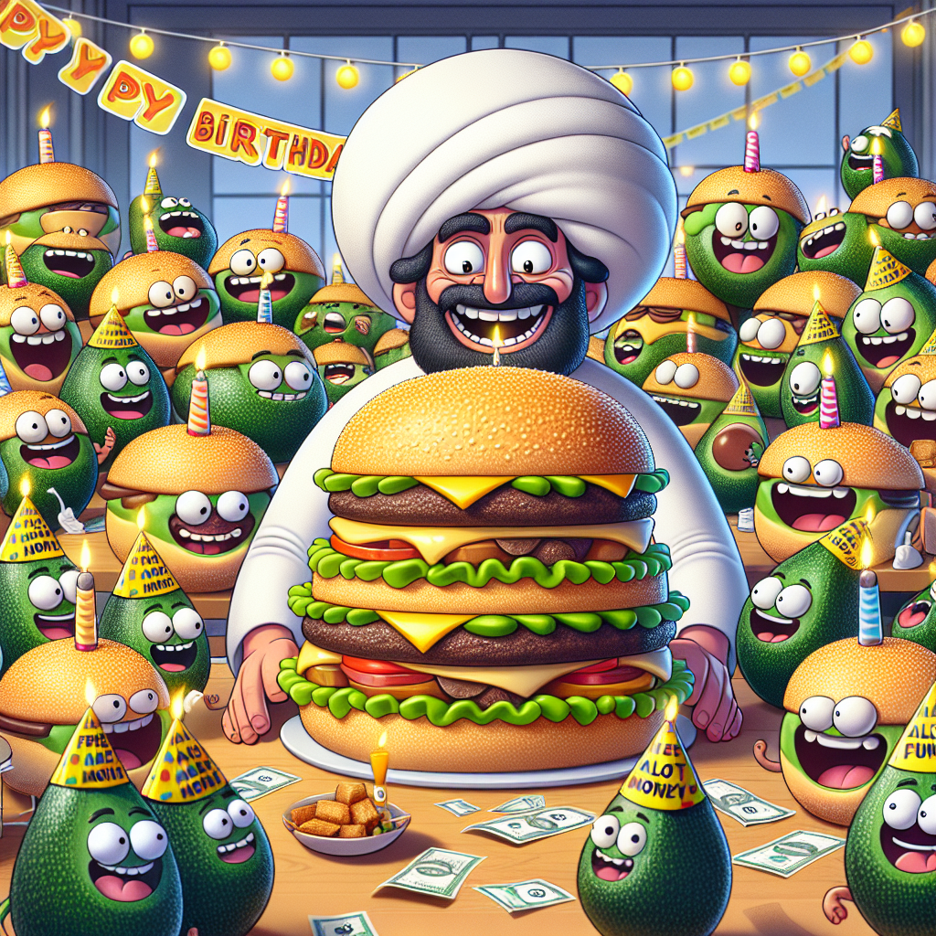 A bustling cartoon styled birthday party scene with a unique burger theme. An array of amusing animated burgers sitting on the table, their top buns slightly lifted to reveal hidden 'Free Money' vouchers. Numerous playful avocados wearing party hats are spread around the space, cracking out dad jokes and captivating everyone with laughter. A Middle-Eastern cartoon father, wearing a shirt that says 'Avo-lot of fun', is seen having a wide grin as he presents a gigantic burger-themed cake to the ecstatic birthday celebrant.
Generated with these themes: Burgers, Free Money, Avo, and Dad jokes.
Made with ❤️ by AI.
