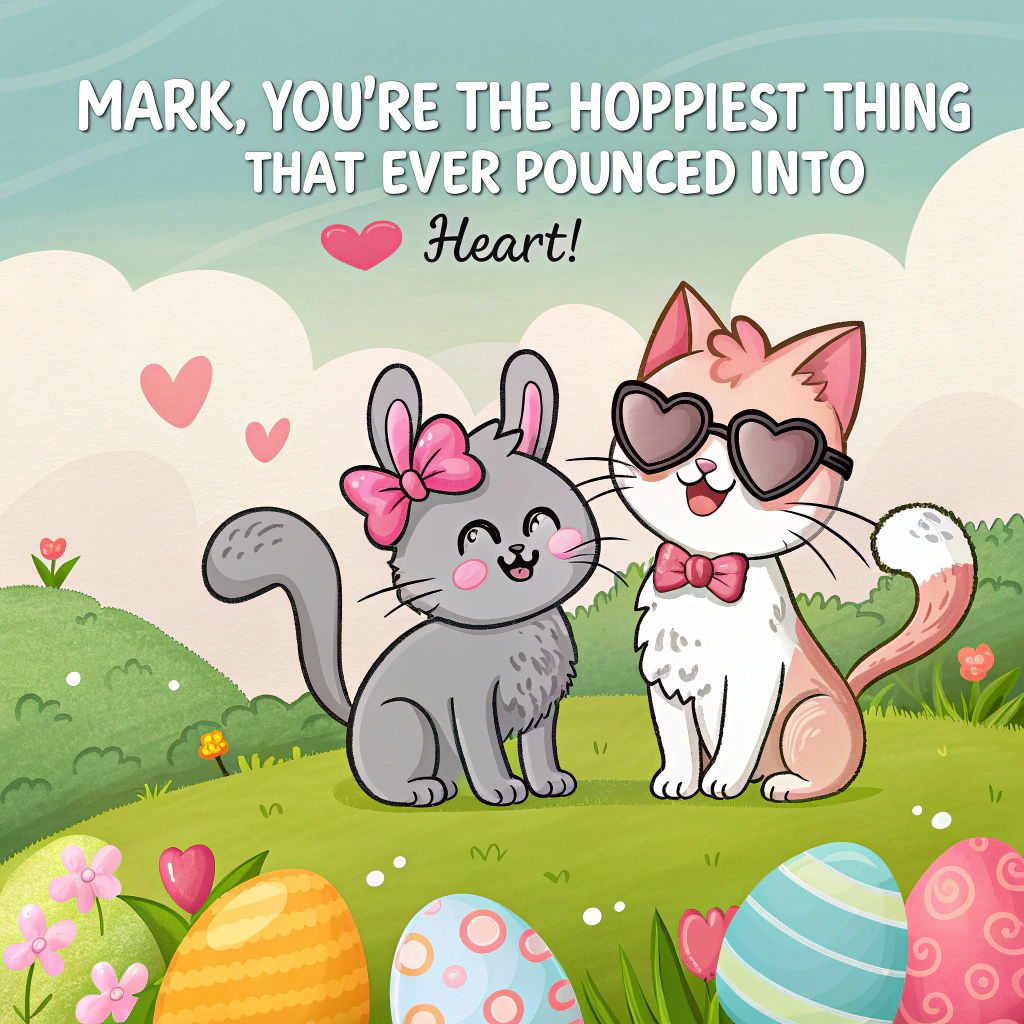 Two cats in love wearing bunny ears for Easter. One cat is male, the other one is female. Show that these cats are really in love and romantic Easter Card
