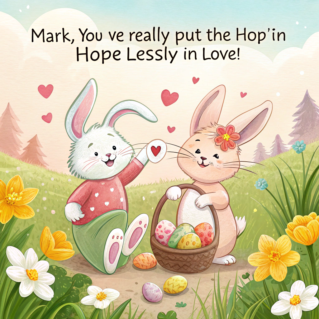 Two cats in love wearing bunny ears for Easter. One cat is male, the other one is female. Show that these cats are really in love and romantic Easter Card