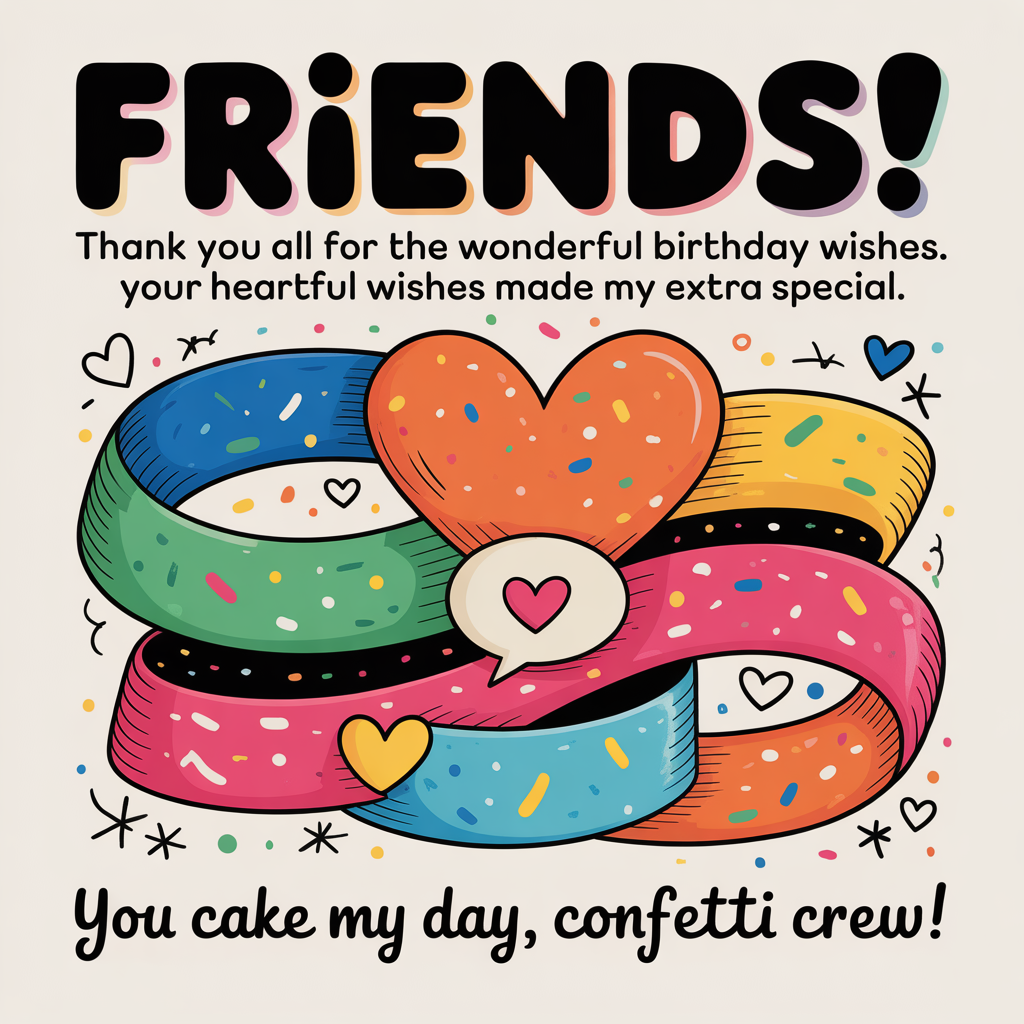 At the top of the Abstract Style image, "Friends! Thank you all for the wonderful birthday wishes. Your heartful wishes made my extra special"

At the bottom of the image, "You cake my day, confetti crew!"

Bold, cute abstract celebration: interlocking circles and heart-shaped geometry, fluid ribbon curves like streamers, and confetti dots/starbursts. Playful high-contrast palette of cobalt, tangerine, lemon, hot pink, mint, and crisp white. Dynamic, painterly brush-stroke textures with speckled highlights. Include overlapping chat-bubble shapes to hint at messages from friends, plus tiny hearts sprinkled throughout. Keep the headline large and crisp in a chunky rounded style with a soft shadow and a pale shape behind it for legibility; bottom punchline in a bubbly hand-lettered look. Balanced, modern, expressive, and joyfully cute.
Generated with these themes: Friends! Thank you all for the wonderful birthday wishes. Your lovely wishes made my day extra special, and .
Made with ❤️ by AI.