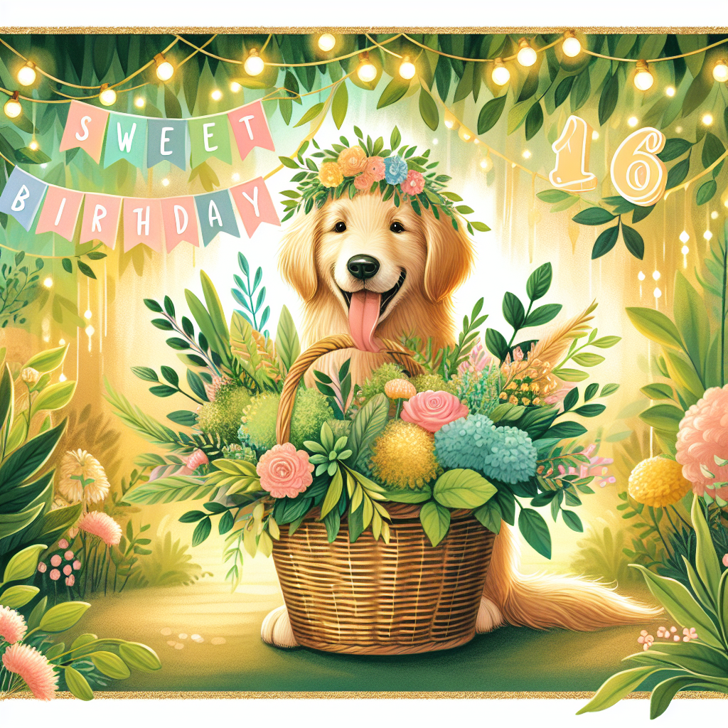 Create a charming illustration for a birthday. The centerpiece of the image is a joyful dog, specifically a golden retriever with a gentle smile, carrying a basket filled with vibrant, lush plants in its mouth. The entire scene is awash in a warm, inviting backdrop adorned with soft, twinkling lights and has a banner hanging with the words 'Sweet 16' written on it. The entire atmosphere is dominated by soft golden and green hues, symbolizing the golden retriever and the vibrant plants, creating a metaphor for growth, maturity, and the delight of celebrating the milestone age of 16.
Generated with these themes: 16 years old birthday, Golden retriever , Plants, and Niece.
Made with ❤️ by AI.
