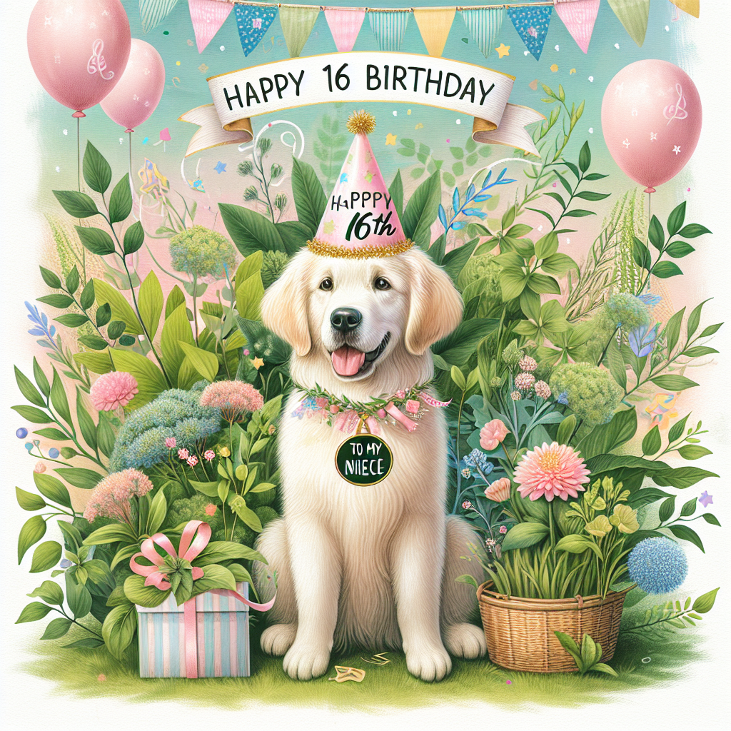 Generate a delightful birthday illustration celebrating a 16th birthday. The image should feature a golden retriever, donned in a party hat, sitting amidst a garden of lush green plants. The background should be awash with pastel colors and display 'Happy 16th Birthday' in elegant script overhead. Adorn the scene with flags and balloons, and include a special tag around the dog's collar that reads 'To my Niece', emphasizing familial affection.
Generated with these themes: 16 years old birthday, Golden retriever , Plants, and Niece.
Made with ❤️ by AI.