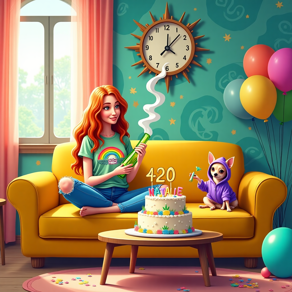 Front Cover Illustration:

The scene unfolds in a cozy, vibrant living room with a modern yet eclectic touch. The focal point is a plush, mustard-yellow velvet sofa placed against a backdrop of an abstract, colorful wallpaper featuring swirling patterns of teal, coral, and gold. Sunlight streams through an open window draped with gauzy, pastel pink curtains, casting soft, playful shadows on the floor.

On the sofa, a girl with long, wavy auburn hair is seated cross-legged. She's dressed in a vintage graphic t-shirt with a faded rainbow print and ripped jeans. Her playful expression is captured as she holds a bright green, transparent glass pipe in one hand, with a thin trail of smoke curling upwards towards the ceiling. The smoke transforms into whimsical shapes, resembling mini clouds or cartoonish animals, before dissipating.

Beside her sits a Chihuahua, comically dressed in a tiny purple hoodie with a "420" emblem stitched on the back. The Chihuahua appears to be mimicking the girl, holding a miniature version of the pipe in its paw, with an exaggerated, cartoon-style puff of smoke emerging from it.

In the background, an assortment of vibrant balloons in shades of turquoise, fuchsia, and lime green are tied to the corners of a low, rustic coffee table. On the table sits a two-tiered birthday cake, artistically decorated with pastel icing flowers and a gold-glitter topper spelling out "Natalie" in elegant cursive.

Scattered on the floor are colorful, confetti-like party decorations, mixed with a few green cannabis leaves, adding a quirky touch. The wall clock above the sofa is shaped like a sunburst, with its hands pointing to "4:20."

This lively and humorously unconventional birthday scene captures a blend of realism and playful fantasy, ensuring a unique and memorable birthday card cover.
Generated with these themes: Funny with girl and Chihuahua smoking weed.
Made with ❤️ by AI.
