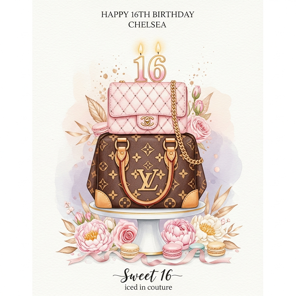 Louis Vuitton bags birthday cake, Chanel handbags birthday cake, Sweet 16, and Birthday Card