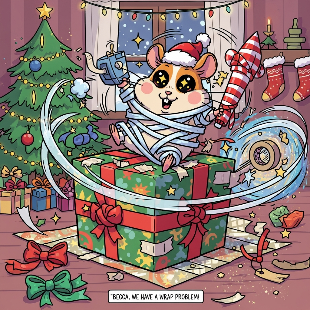 Playful, funny Christmas cartoon scene of Rocket, a tiny baby hamster with big sparkly eyes, chubby cheeks, and an askew mini Santa hat, utterly tangled in gift wrap while trying to wrap Becca’s present. A gigantic, half-wrapped gift box dominates the frame, covered in mismatched festive paper, lumpy tape blobs, and knotted red-and-gold ribbon. Rocket spins mid-air in a whirlwind of transparent tape loops and curly ribbon, one paw stuck to a tape dispenser, the other gripping a candy-cane–striped wrapping paper tube like a rocket booster; motion lines, star sparkles, and a swirling “galaxy” of scrap paper accent the chaos. Cozy holiday background with a glowing Christmas tree, twinkling fairy lights, stockings on a mantle, and snow outside a window; scattered bows, tags, and glitter on the floor. Exaggerated proportions, thick black outlines, bright saturated colors (peppermint reds, holly greens, icy teal, gleaming gold), bold cel shading, and bouncy, whimsical poses. Full-bleed portrait composition with clear space at the bottom for a tiny line of text. Add a small, cheeky, hand-lettered caption at the bottom center: “Becca, we have a wrap problem!”
Generated with these themes: Rocket the baby hamster got in e real mess wrapping Becca’s present, and .
Made with ❤️ by AI.