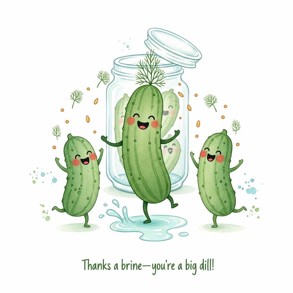 Watercolor illustration with a large, central, funny scene: three happy anthropomorphic pickles dancing. A tall, smiling dill pickle in the center, flanked by two giggly gherkins tossing tiny dill fronds and mustard seeds like confetti. A faint, translucent pickle jar sits behind them with its lid tilted, and a splash of pale turquoise brine forms a subtle heart-shaped puddle at their feet. Expressions are simple and joyful (tiny dot eyes, rosy watercolor cheeks), no hard outlines. Soft watercolor washes, delicate gradients, subtle pigment blooms, and visible natural cold-press paper texture create an airy, organic feel. Palette: fresh dill greens (sage to emerald), minty brine blues, warm coral blush, and mustard-yellow confetti. Loose wet-on-wet edges and light paint splatters for playful energy, plenty of breathing white space.

Include a single hand-painted caption in playful watercolor script, dill-green with a gentle gradient and slight paint bleed, centered near the bottom:
“Thanks a brine—you’re a big dill!”
Generated with these themes: Happy pickles, and .
Made with ❤️ by AI.
