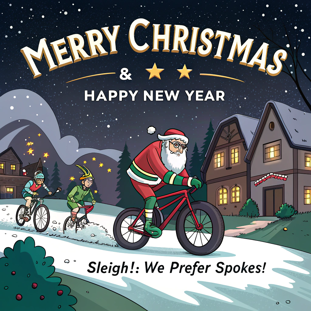 At the top of the Cartoon Style image, "Merry Christmas & Happy New Year"

At the bottom of the image, "Sleigh? We prefer spokes!"

Create a funny, energetic cartoon scene: Santa, Rudolph, and two elves joyfully riding bikes through a snowy, twinkling village street at night. Exaggerated proportions, thick black outlines, bright saturated reds, greens, icy teals, and gold accents. 
- Santa leans forward on a candy-cane–striped fat-tire bike, belly exaggerated, goggles on, beard flowing like a scarf; a wobbling sack of gifts strapped to the rear rack with fairy lights and ornaments bouncing.
- Rudolph pops a wheelie on a lime-green BMX; his glowing red nose acts as the bike’s headlight; tiny helmet with holes for antlers, big goofy grin.
- Two elves on a red-and-green tandem: one ringing a jingle-bell handlebar, the other clutching a cocoa mug with marshmallows flying; tinsel streamers trailing from grips.
- Snow sprays from tires, dynamic motion lines, star-shaped flurries, and sparkly highlights; a cheeky snowman waves from the sidewalk; warm window glows, wreaths, and string lights in the background.
- Composition: low-angle, three-quarter view for speed and whimsy; big expressive faces and poses.

Typography:
- Top headline in chunky candy-cane striped letters with gold trim and snowy caps, bold and centered.
- Bottom punchline in playful hand-lettering on a curved snowbank banner, teal with white outline for readability.
- Keep text crisp, high-contrast, and integrated into the scene.
Generated with these themes: Riding bikes, and .
Made with ❤️ by AI.
