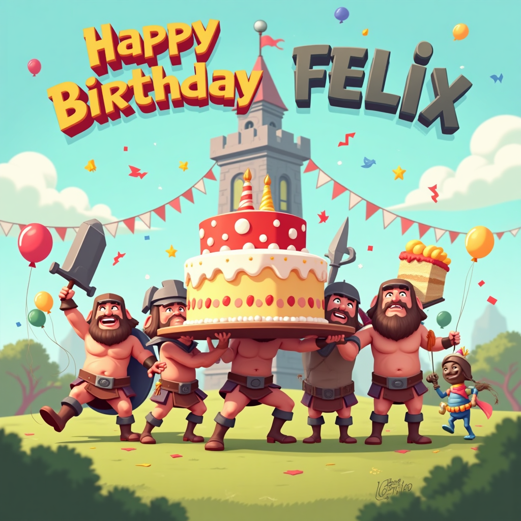At the top of the Vector Style image, write in bold playful lettering: **Happy Birthday Felix**  

Create a funny flat-vector scene inspired by *Clash of Clans*:  
- A group of cartoon-style Barbarians are holding an oversized birthday cake instead of their usual weapons, struggling to keep it balanced.  
- A sneaky Goblin is tiptoeing away with a giant slice of cake, looking mischievous.  
- In the background, a Clash of Clans village tower is decorated with colorful balloons, party streamers, and a banner.  
- Confetti is flying through the air, giving the whole battlefield a silly festive twist.  
- One Barbarian is wearing a wonky birthday hat that keeps slipping over his eyes.  

At the bottom of the image, add a small funny caption in quirky bold text:  
**“Prepare for the sweetest battle yet!”**  

Style: clean, crisp vector art with bold outlines, solid color blocks, and a playful modern look.
Generated with these themes: Clash of clans , and .
Made with ❤️ by AI.