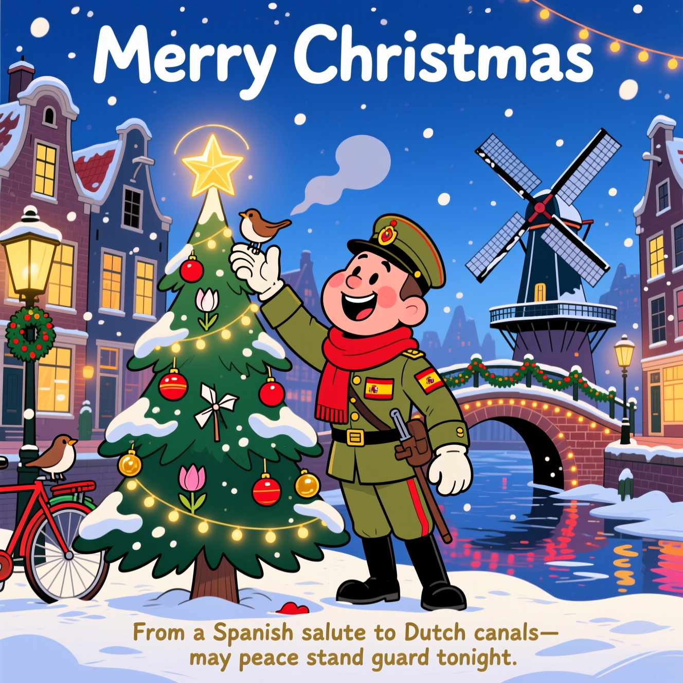 At the top of the Cartoon Style image, "Merry Christmas"
At the bottom of the Cartoon Style image, "From a Spanish salute to Dutch canals—may peace stand guard tonight."

Illustrate a sincere, playful cartoon scene with exaggerated proportions, thick outlines, and bright, saturated colors:
- Foreground: A cheerful Spanish soldier in battle dress uniform (olive drab with a small Spanish flag patch, no weapons), big head and warm smile, rosy cheeks, oversized gloves and boots, and a cozy red scarf. He’s on tiptoes, gently placing a glowing star atop a tall, snow-dusted Christmas tree. Whimsical, energetic pose but with a calm, heartfelt expression.
- The Christmas tree: Lush evergreen sprinkled with snow, twinkling fairy lights, red-and-gold ornaments, a few tiny windmill- and tulip-shaped baubles, and a soft golden star casting a warm halo.
- Setting: A charming Dutch canal city square at blue hour. Tall, narrow canal houses with stepped and bell gables glow with warm window light. A brick arched bridge draped in garlands and string lights crosses a lightly frozen canal, reflecting color. To the side, a classic Dutch windmill stands snow-capped, its sails lightly blurred with playful motion lines.
- Atmosphere: Gentle snowfall with big, soft flakes; a subtle breath cloud from the soldier; cozy lanterns; maybe a robin perched on the tree and a bicycle with a wreath near the bridge. Use crisp winter blues and purples for the sky, balanced by golden window glow and festive reds/greens.
- Typography: Top headline in bold, hand-lettered, snow-tipped white script with a red outline, slightly arched across the sky. Bottom line in a warm gold handwritten script resting on a soft snowbank, clean and readable.
- Style notes: Thick black outlines, simple shapes, punchy color blocks, soft gradients for light glow, and a sincere, peaceful mood throughout.
Generated with these themes: Spanish soldier in battle dress uniform, Dutch city, Snow, Dutch wind mill, Christmas tree, and .
Made with ❤️ by AI.