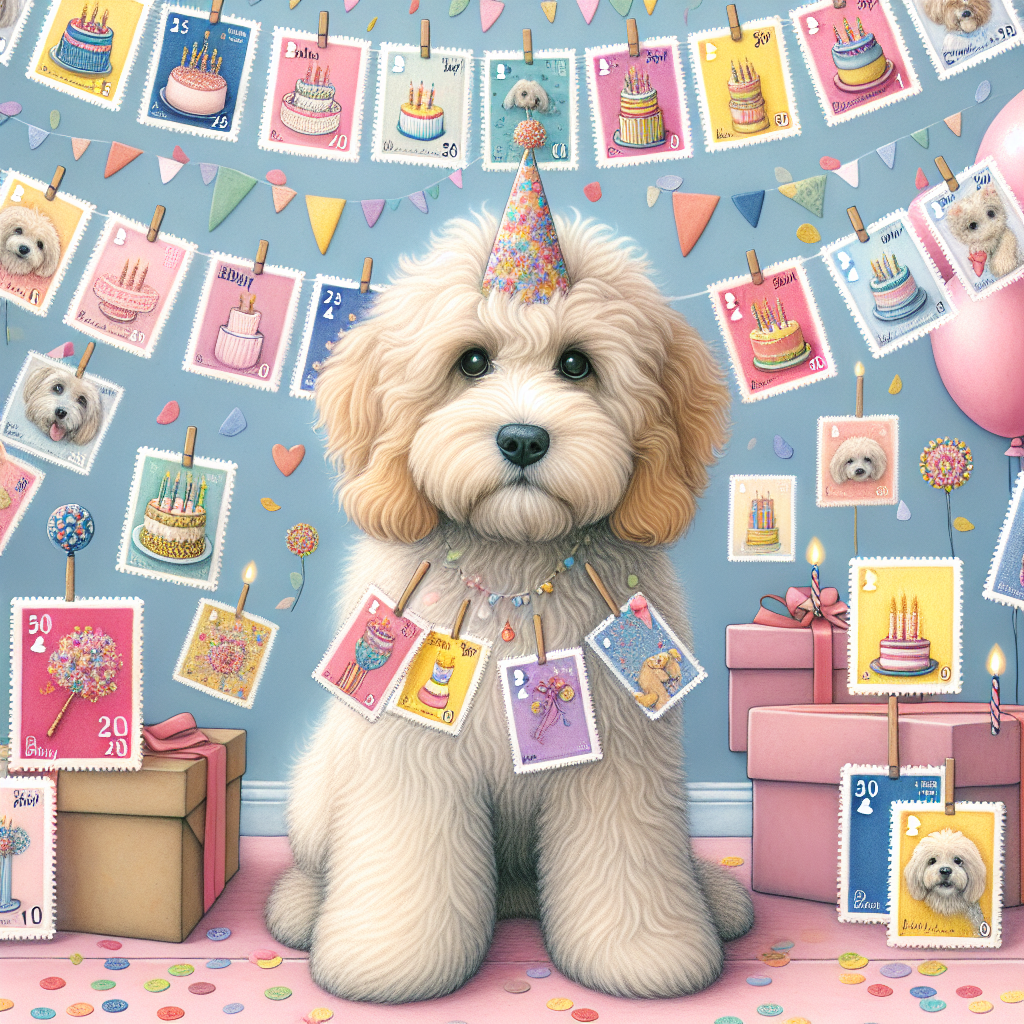 Create an enchanting illustration for a birthday theme. The central character is a fluffy Cockapoo dog patiently sitting with a series of vibrant, birthday-themed stamps gently attached to its fur. The stamps depict motifs like birthday cakes, candles, and party hats. In the background, similar stamps float in the air, creating a confetti-like effect. The setting is a soft pastel backdrop, adorned with an elegant garland of paper stamps hanging from above. This celebrates the theme of stamp collecting in a playful and festive setting.
Generated with these themes: Stamp collecting, and Cockapoo.
Made with ❤️ by AI.