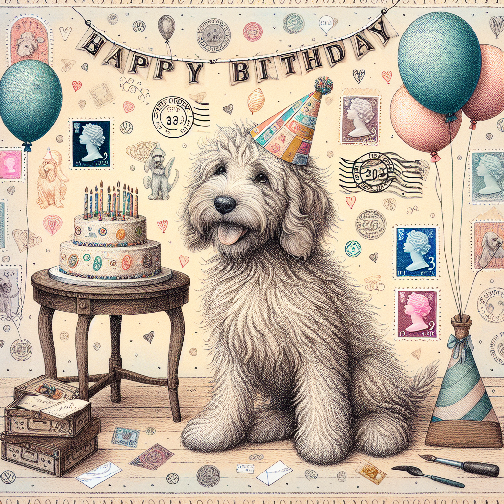 Design an image of a joyful birthday scenario featuring a whimsically illustrated cockapoo wearing a party hat. The dog's fur exhibits subtle marks similar to those seen in a stamp collection. The backdrop involves a festive collection of balloons along with a greeting banner that reads 'Happy Birthday!', all encircled with decorations related to stamps. An offside low table, draped with a cloth resembling the pattern of a stamp album, holds a birthday cake topped with a small figurine resembling a cockapoo and a commemorative postage stamp.
Generated with these themes: Stamp collecting, and Cockapoo.
Made with ❤️ by AI.