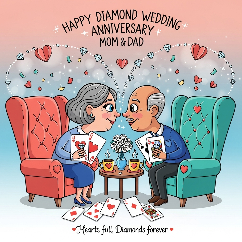 At the top of the Cartoon Style image, "Happy Diamond Wedding Anniversary Mom & Dad"

Playful, romantic cartoon scene with exaggerated proportions, thick black outlines, and bright saturated colors. An older couple sits facing each other on two oversized, plush armchairs (one coral with a subtle diamond-pattern tufting, one teal with heart-shaped buttons). The wife has a neat grey bob and bright blue eyes; the husband has short grey hair and warm brown eyes. They lean toward each other with whimsical, energetic poses, noses almost touching, smiling, wedding rings sparkling. In their hands are comically oversized playing cards: she holds the Queen of Hearts, he holds the King of Diamonds; more hearts-and-diamonds cards scatter across a tiny round table between them. On the table: a small vase of white roses and two steaming heart-shaped mugs. Around them, diamond-shaped confetti, paper hearts, and a twinkling garland of little diamonds swirl, with a dreamy soft glow. Background is a blush-to-sky-blue gradient with subtle bokeh hearts and starry sparkles. Top text is hand-lettered, shiny and celebratory with a gentle white outline and tiny diamond glints.

At the bottom in a small, playful hand-lettered caption: "Hearts full, Diamonds forever."

Styling: playful cartoon characters, thick outlines, cel shading, big expressive eyes, saturated palette (coral, teal, royal blue, sunshine yellow, blush pink), clean composition, gentle glow, crisp and cheerful.
Generated with these themes: Cards chairs wife grey bobbed hair blue eyes husband short grey hair brown eyes, and .
Made with ❤️ by AI.