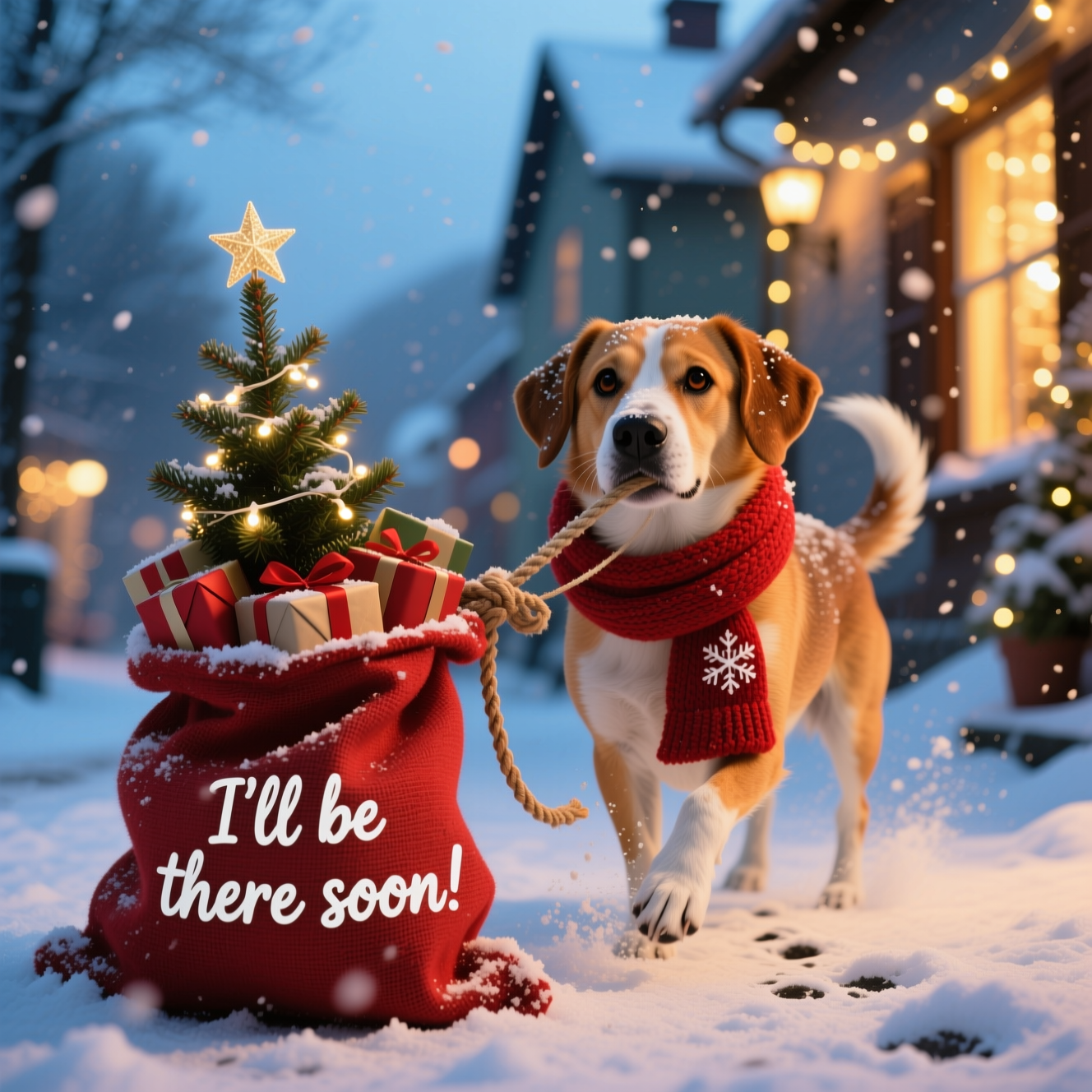 Pulling a sack full of Christmas presents , and Christmas Card